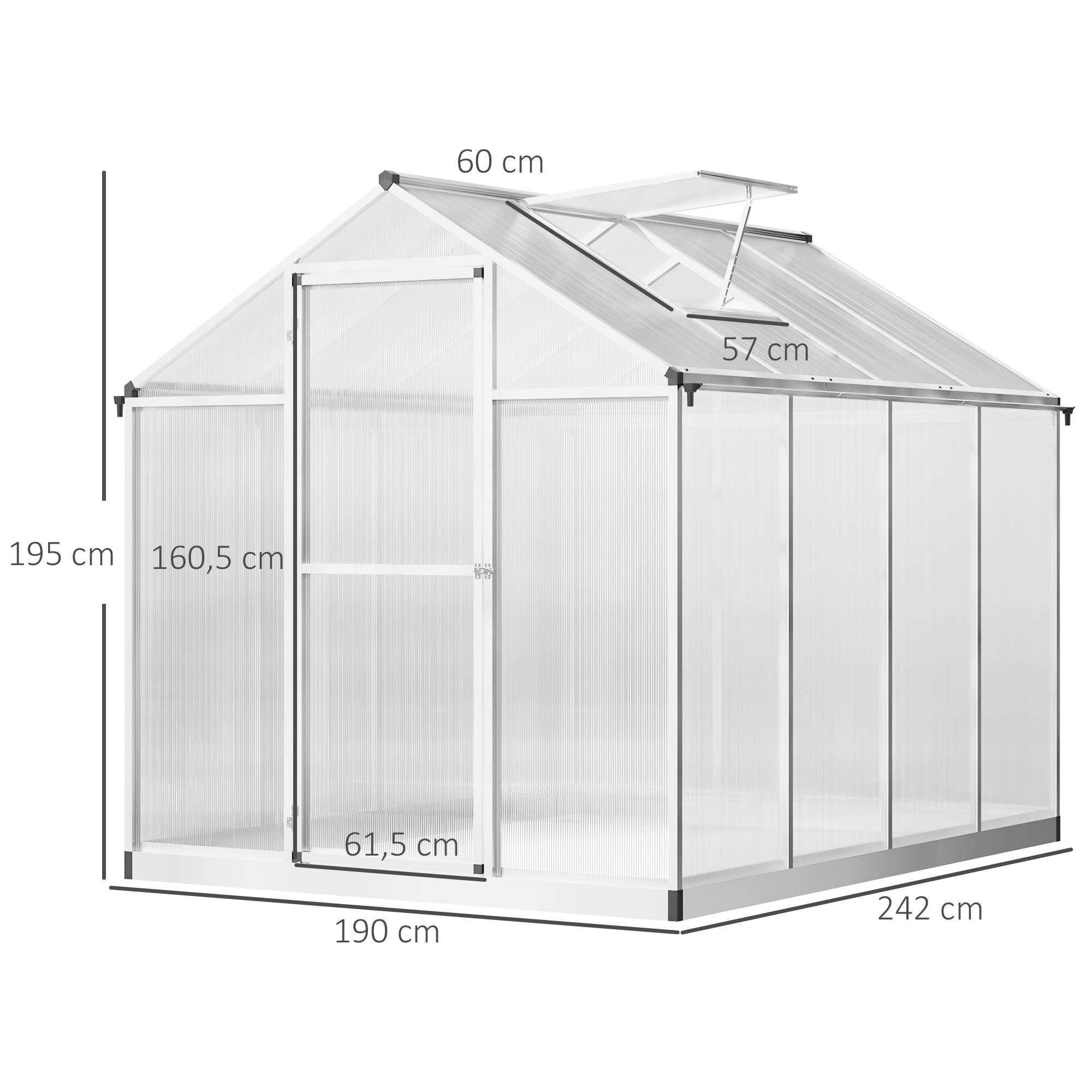 Sans Marque - Serre de Jardin Aluminium Polycarbonate 4,6 m² dim. 2,42L x 1,9l x 1,95H m Lucarne Porte loquet - Image 5