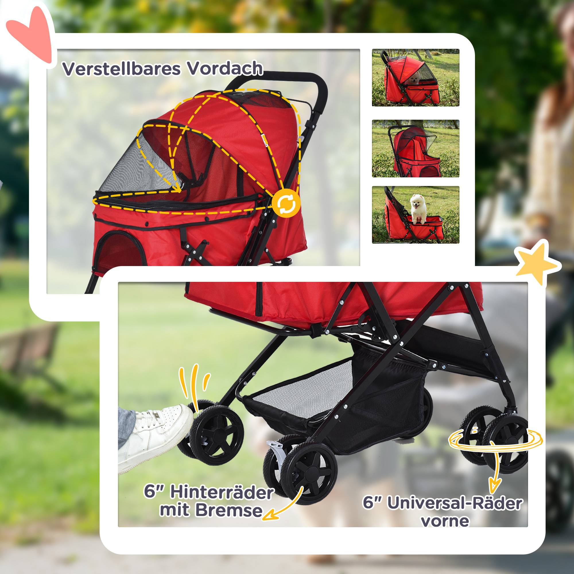 Poussette pour chien Oxford rouge 76,5x52x95cm, pour petits chiens et chats - Image 4