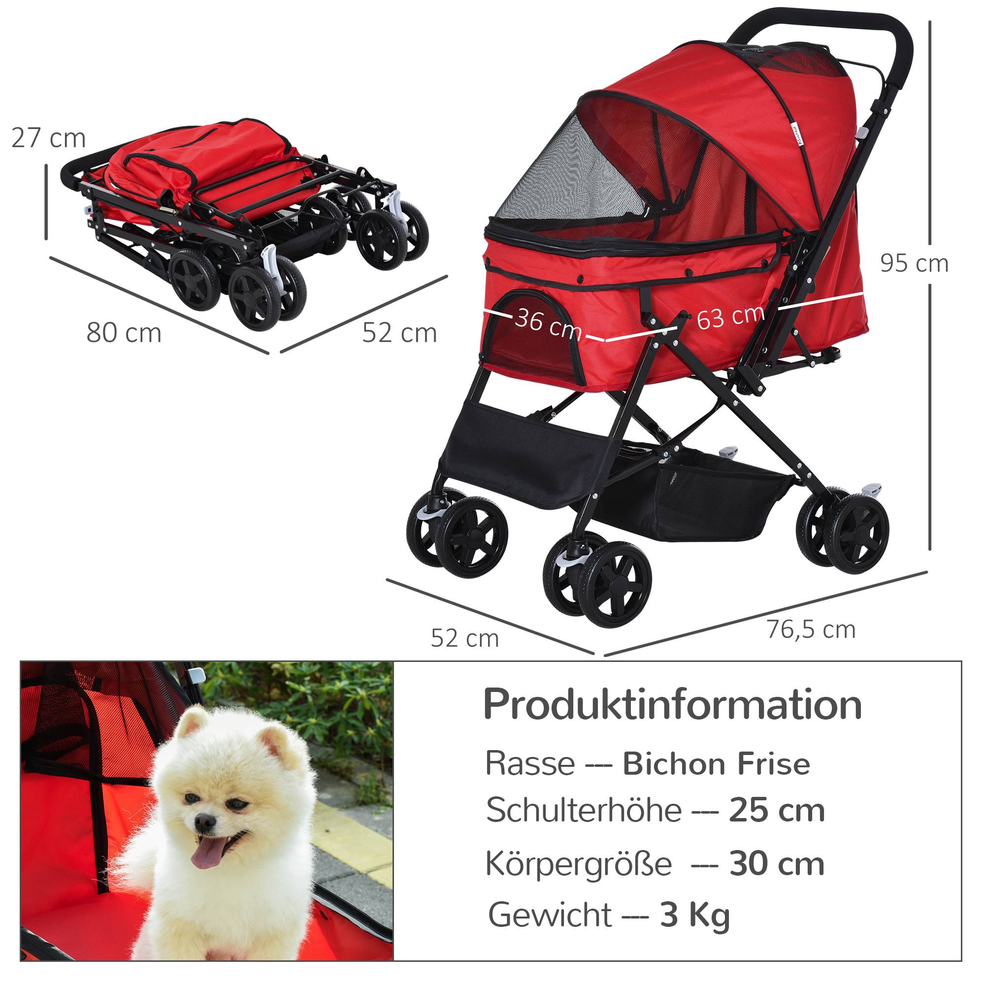 Poussette pour chien Oxford rouge 76,5x52x95cm, pour petits chiens et chats - Image 3