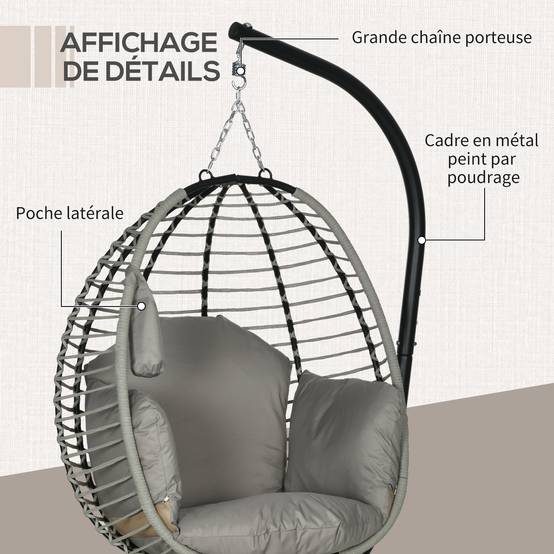 Fauteuil œuf suspendu acier 110 x 100 x 188 cm - PANGIVO - Image 9