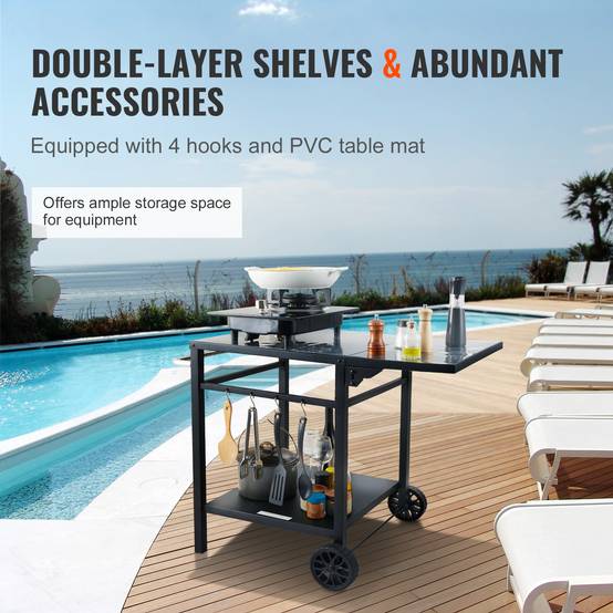 VEVOR Desserte plancha 2 niveaux, pliable, sur roulettes. Plan de travail pour BBQ, four à pizza, jardin. - Image 4