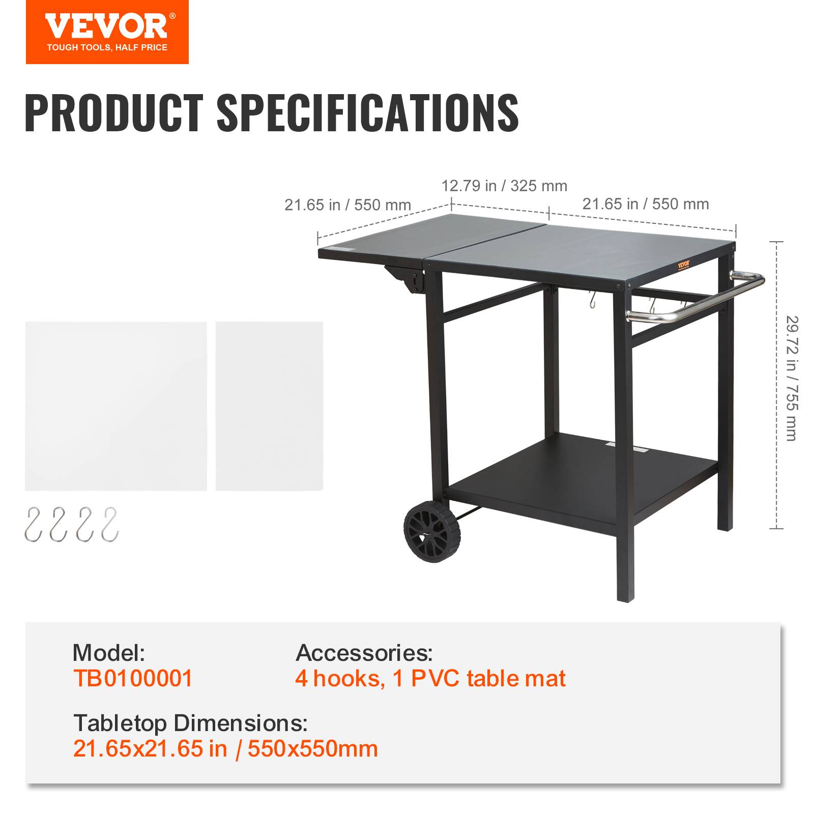 VEVOR Desserte plancha 2 niveaux, pliable, sur roulettes. Plan de travail pour BBQ, four à pizza, jardin. - Image 7