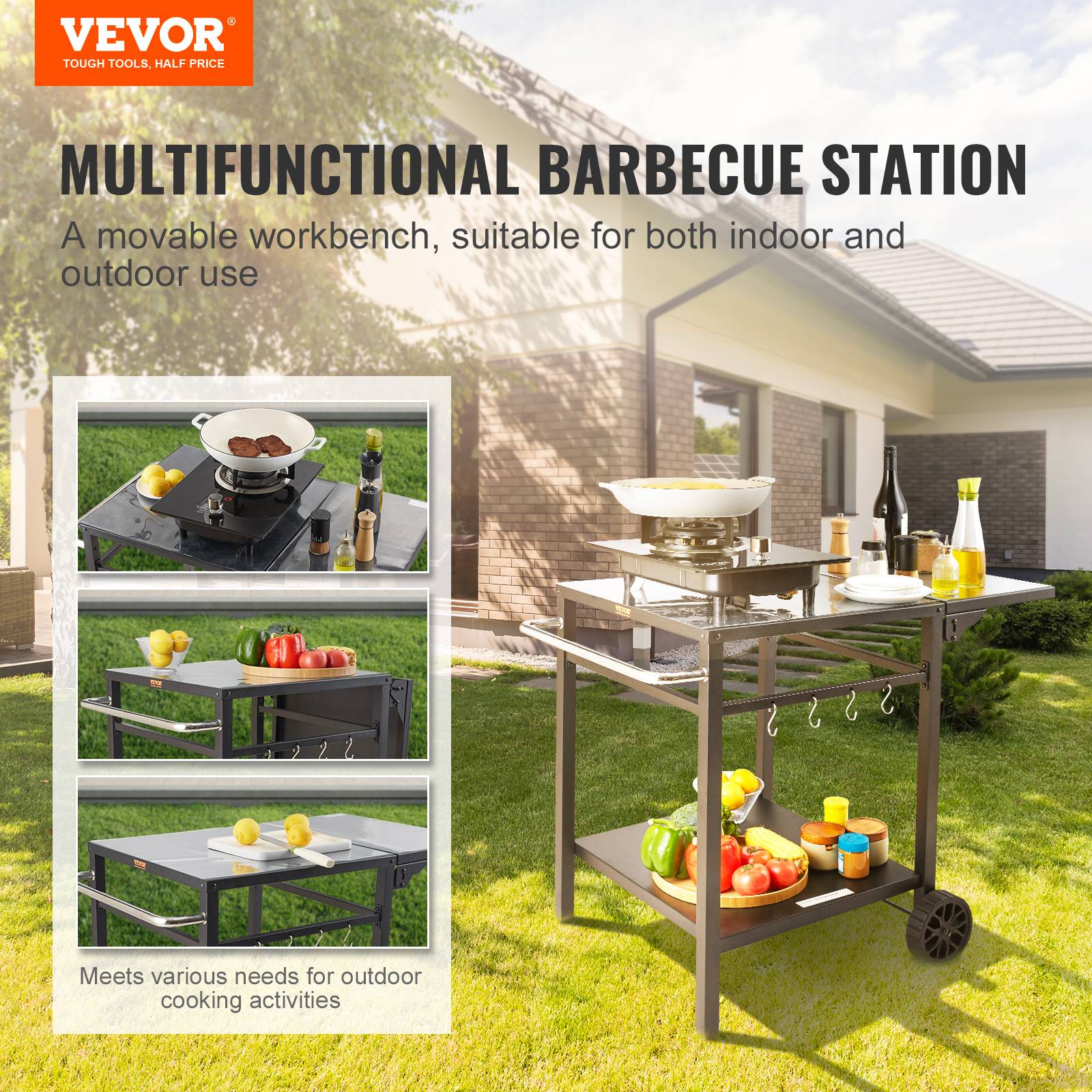 VEVOR Desserte plancha 2 niveaux, pliable, sur roulettes. Plan de travail pour BBQ, four à pizza, jardin. - Image 2