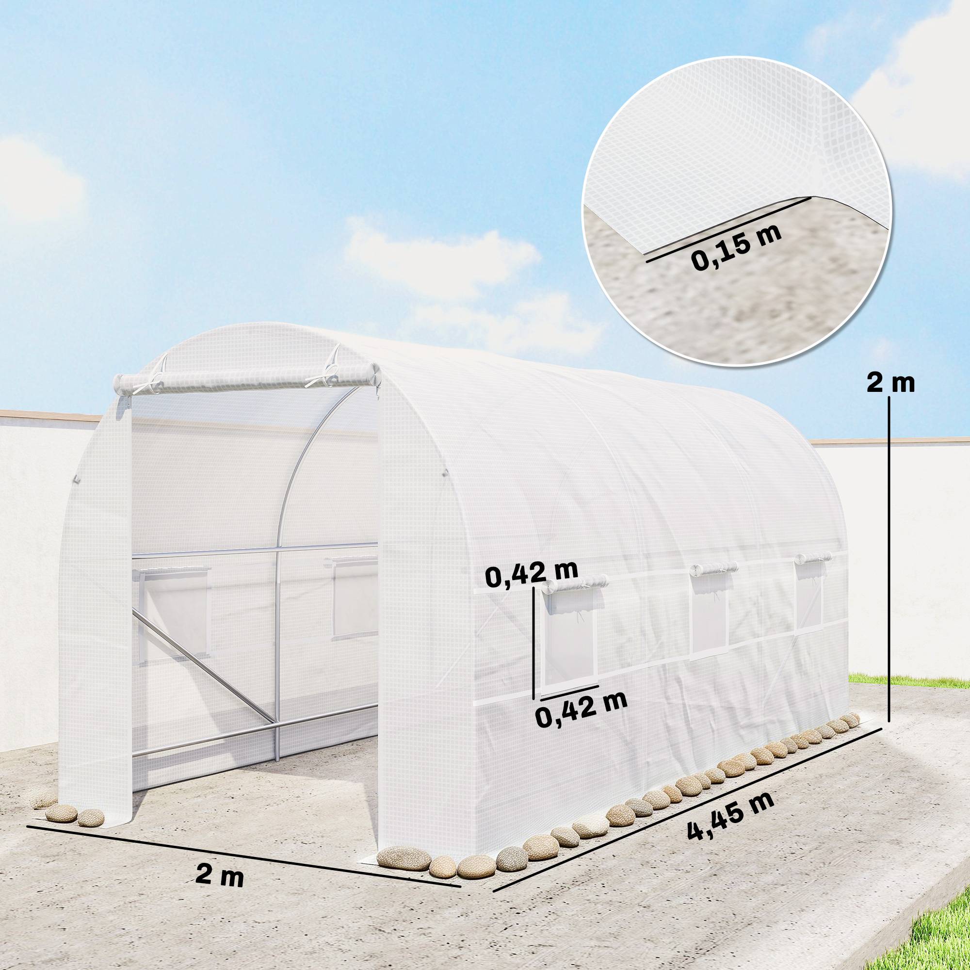 Sans Marque - Serre tunnel avec porte enroulable et 6 fenêtres pour la culture de plantes et de légumes 445 x 200 x 200 cm Blanc - Image 5