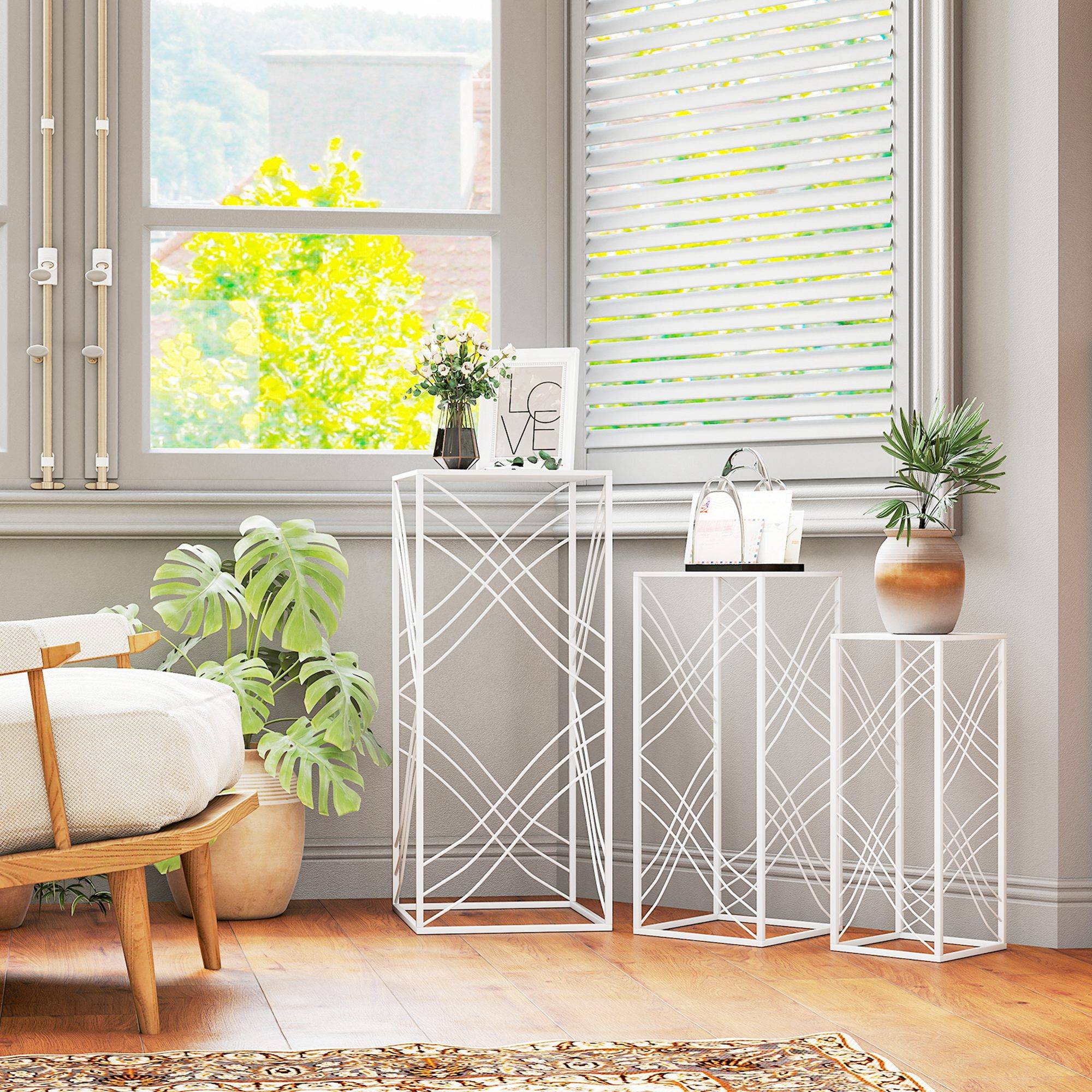 Lot de 3 supports plantes métal intérieur extérieur gigognes empilables 30x70 cm blanc - ComfortXL Outdoor Living - Image 10