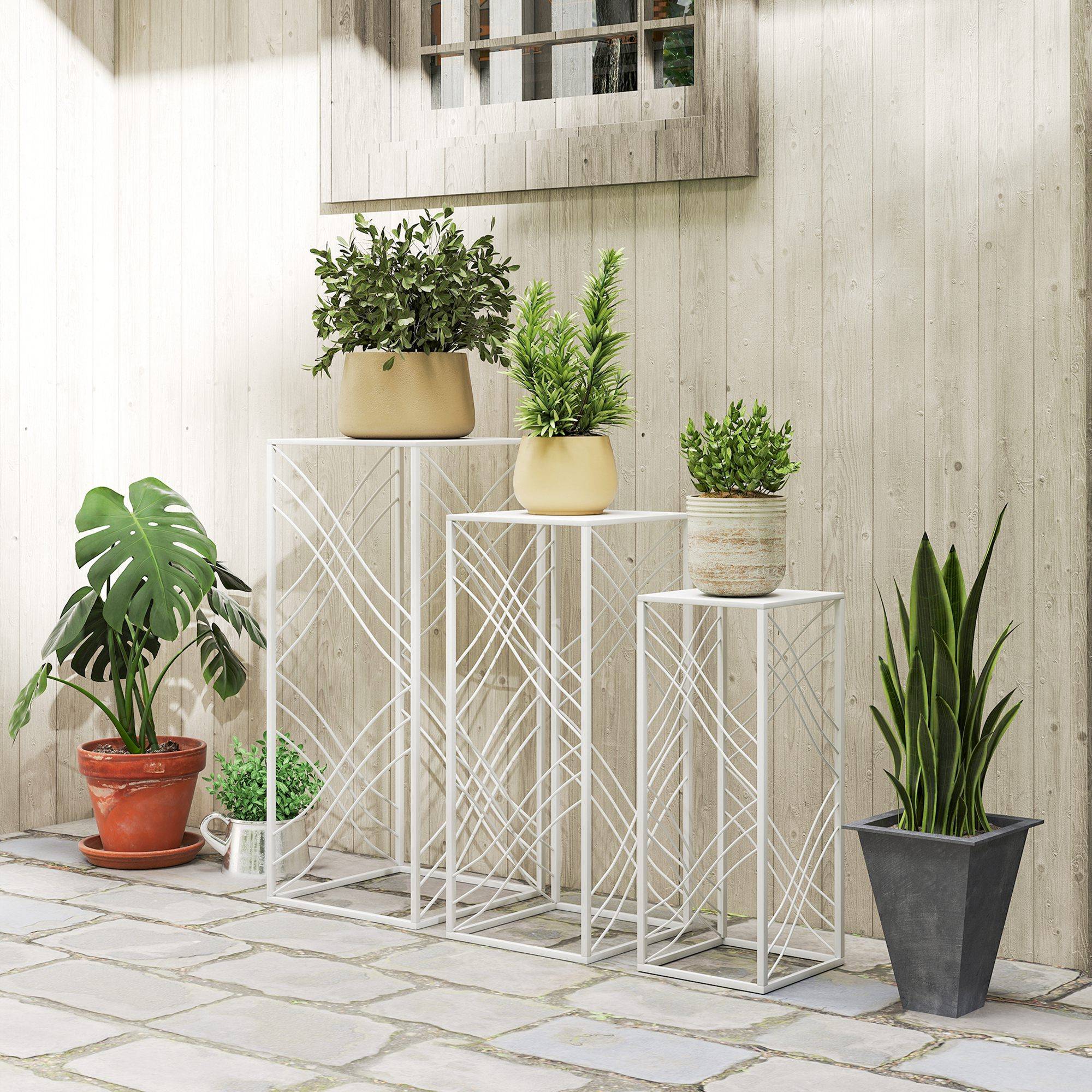 Lot de 3 supports plantes métal intérieur extérieur gigognes empilables 30x70 cm blanc - ComfortXL Outdoor Living - Image 3