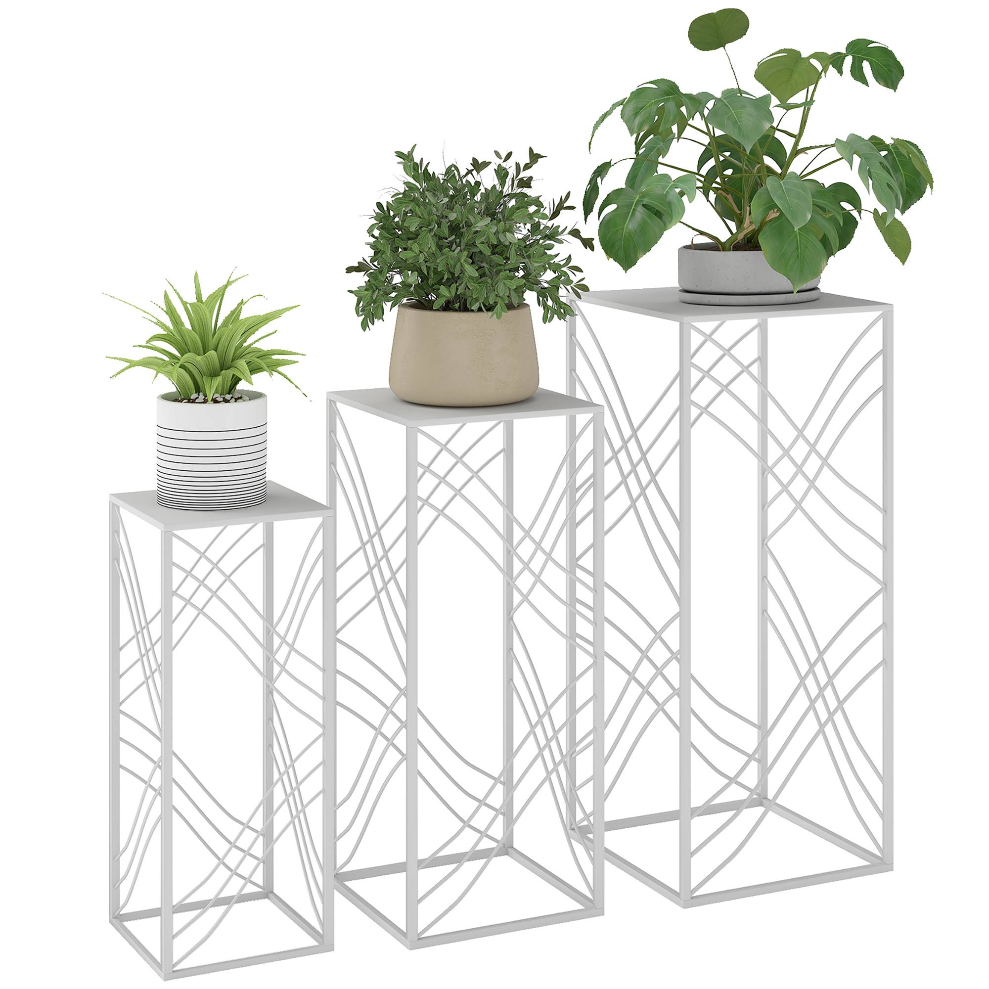 Lot de 3 supports plantes métal intérieur extérieur gigognes empilables 30x70 cm blanc - ComfortXL Outdoor Living - Image 1