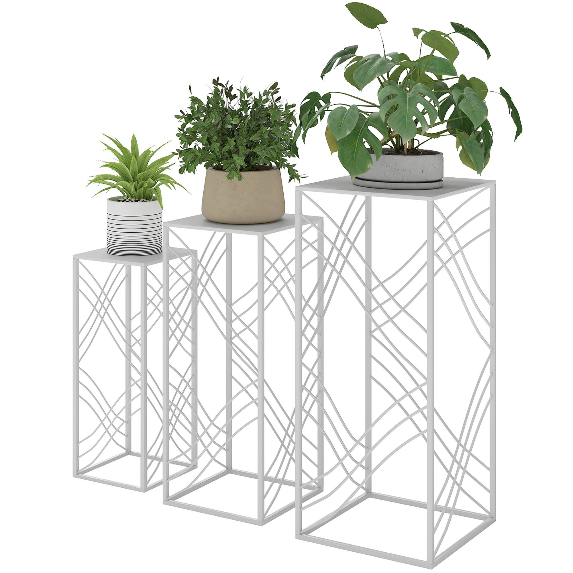 Lot de 3 supports plantes métal intérieur extérieur gigognes empilables 30x70 cm blanc - ComfortXL Outdoor Living - Image 2