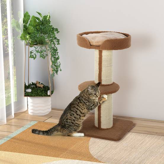Arbre à chat PawHut 91 cm, poteaux sisal, plateforme, coussins, multi-niveaux, pour chats moyens, brun clair - Image 4