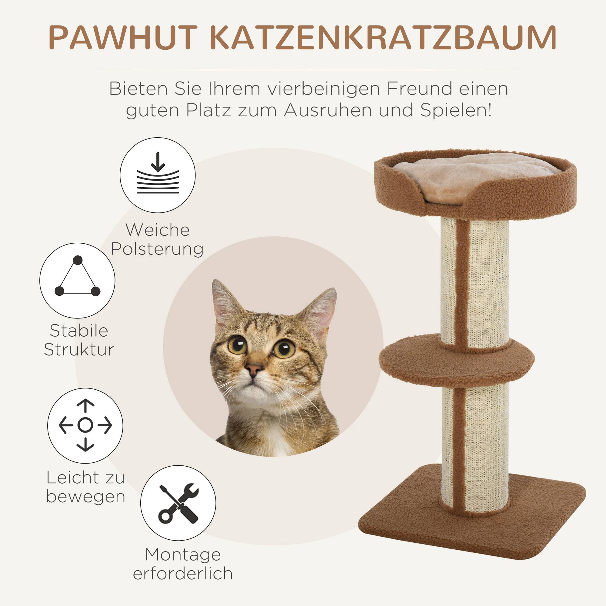 Arbre à chat PawHut 91 cm, poteaux sisal, plateforme, coussins, multi-niveaux, pour chats moyens, brun clair - Image 6