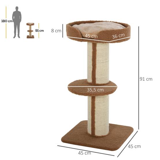 Arbre à chat PawHut 91 cm, poteaux sisal, plateforme, coussins, multi-niveaux, pour chats moyens, brun clair - Image 5