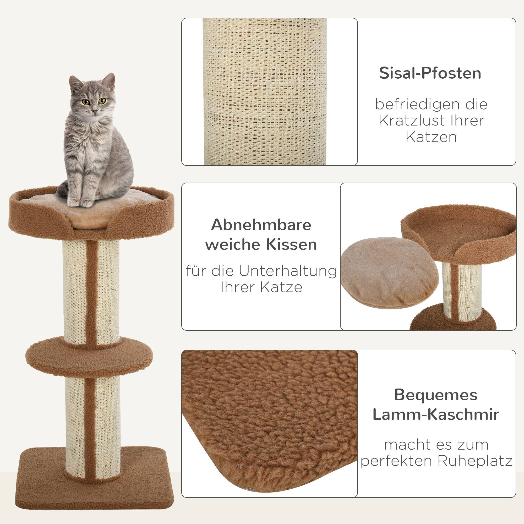 Arbre à chat PawHut 91 cm, poteaux sisal, plateforme, coussins, multi-niveaux, pour chats moyens, brun clair - Image 7
