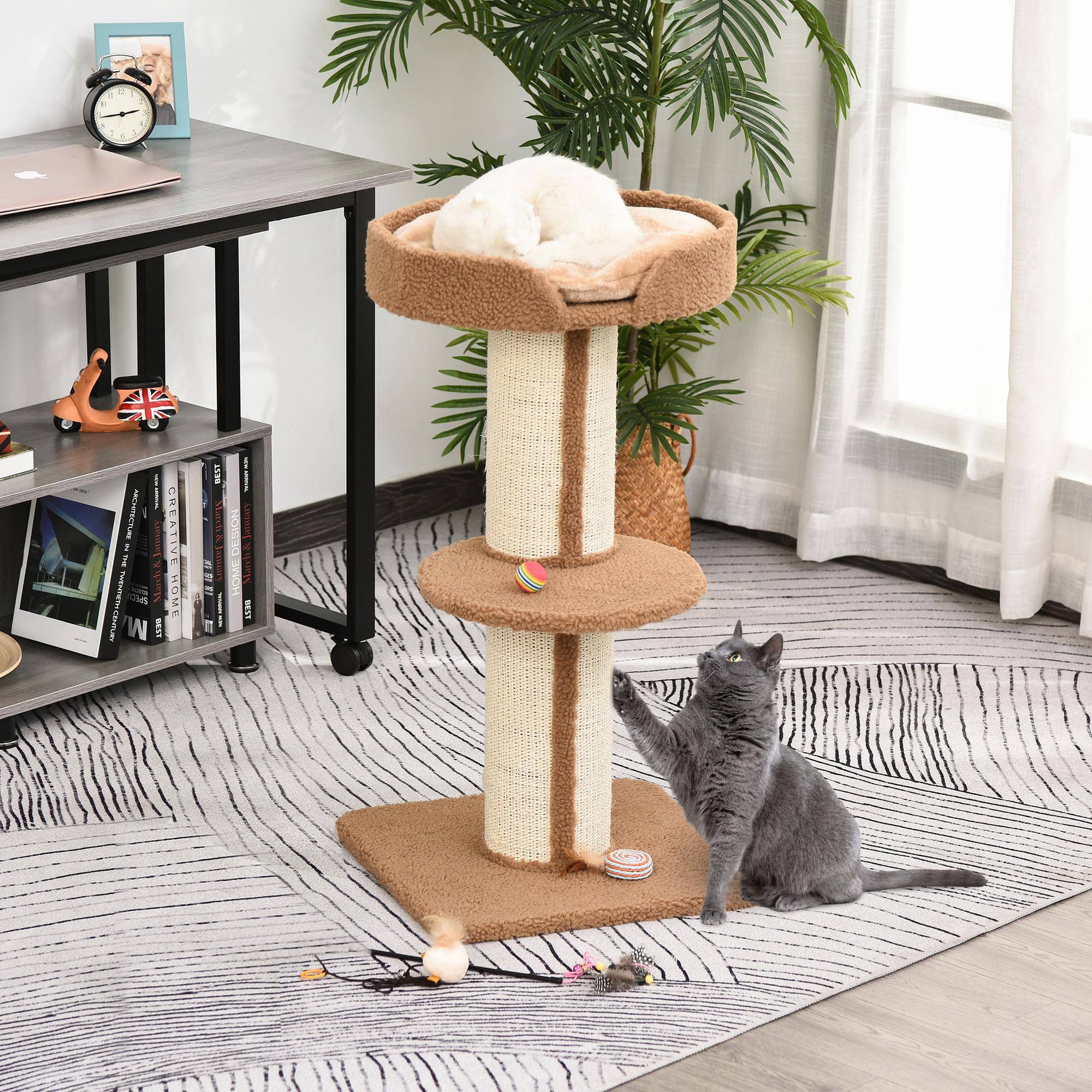 Arbre à chat PawHut 91 cm, poteaux sisal, plateforme, coussins, multi-niveaux, pour chats moyens, brun clair - Image 3