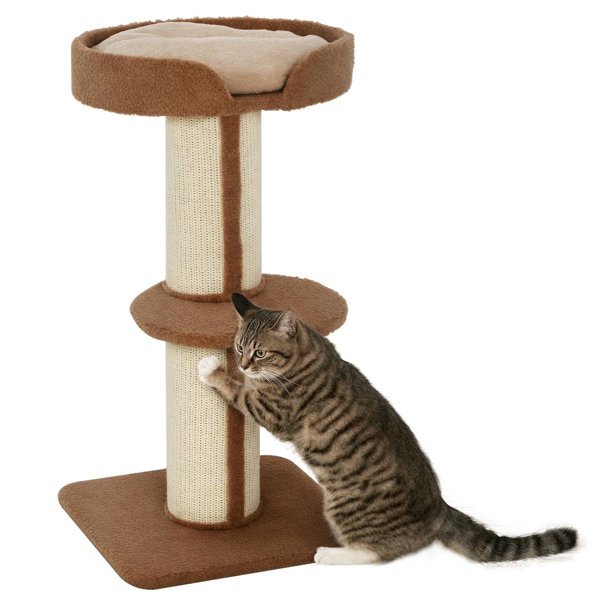 Arbre à chat PawHut 91 cm, poteaux sisal, plateforme, coussins, multi-niveaux, pour chats moyens, brun clair - Image 1