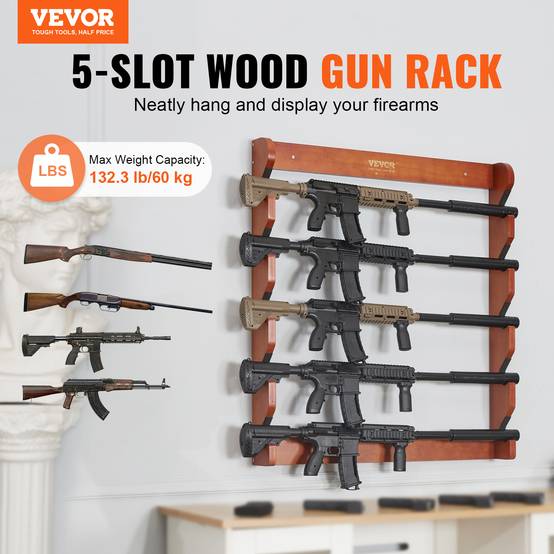 VEVOR Support mural arme à feu, bois, 5 fusils. Charge 60 kg, rembourrage. - Image 2
