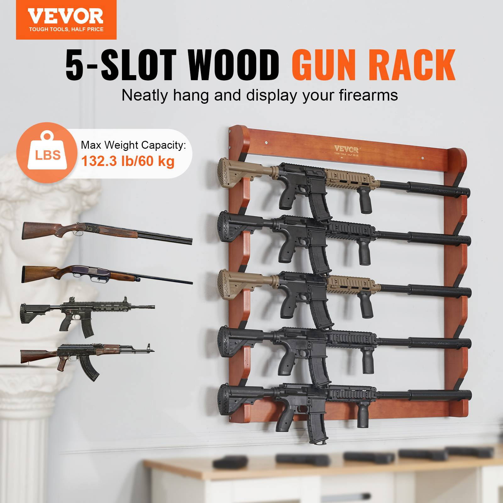 VEVOR Support mural arme à feu, bois, 5 fusils. Charge 60 kg, rembourrage. - Image 2