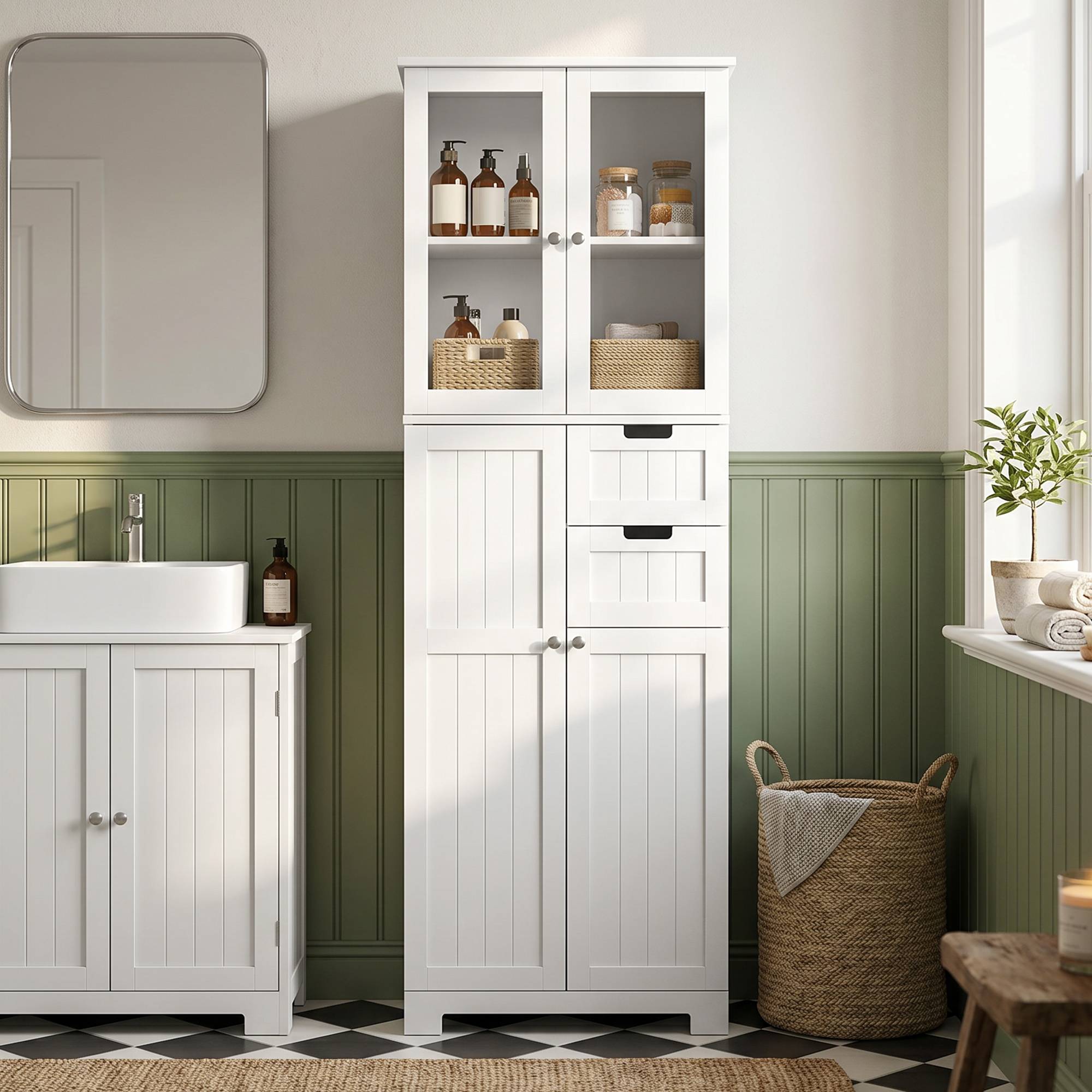 Sans Marque - Meuble salle bain haut 4 Portes 2 Tiroirs 60x30x170cm Blanc - Image 3