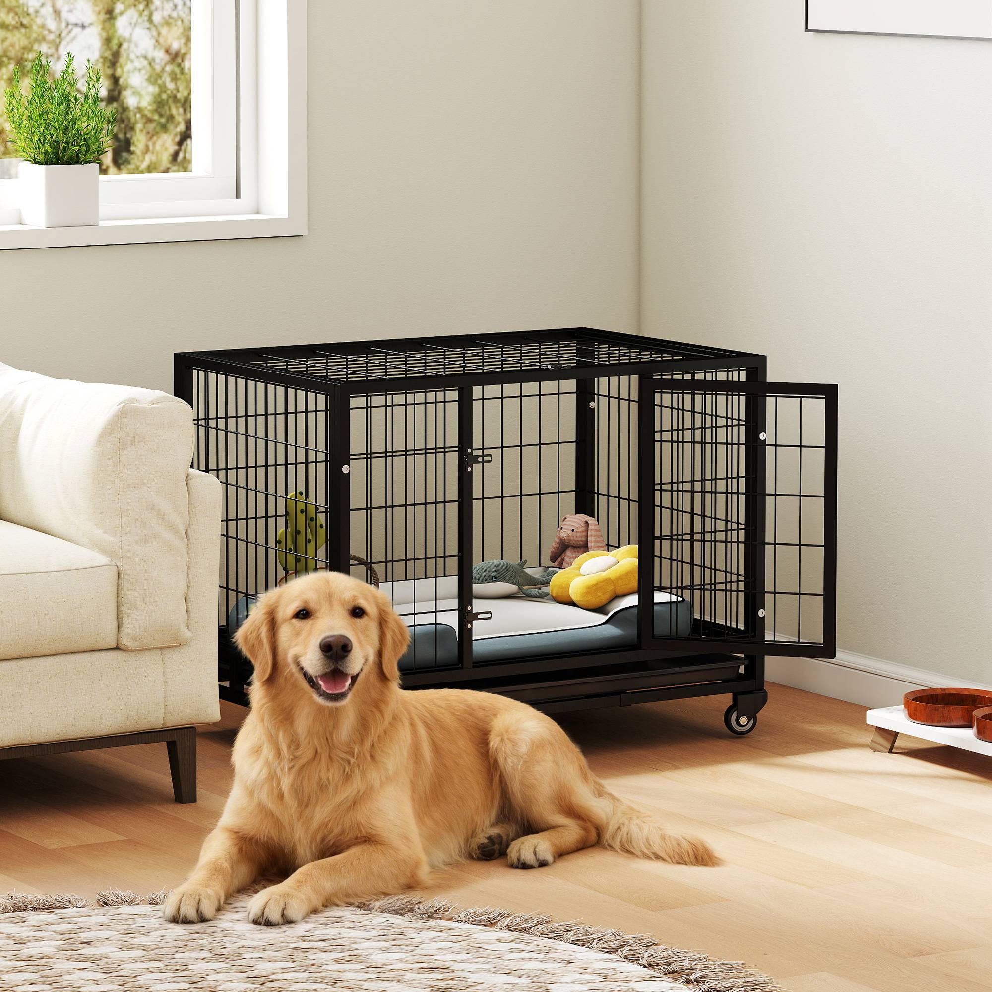 Cage métallique pour chien avec roulettes et freins, plateau amovible et porte à loquet pour Golden Retriever et Labrador, 92 x 62 x 75 cm, noire - Image 4