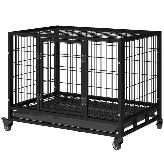 Cage métallique pour chien avec roulettes et freins, plateau amovible et porte à loquet pour Golden Retriever et Labrador, 92 x 62 x 75 cm, noire - Image 2