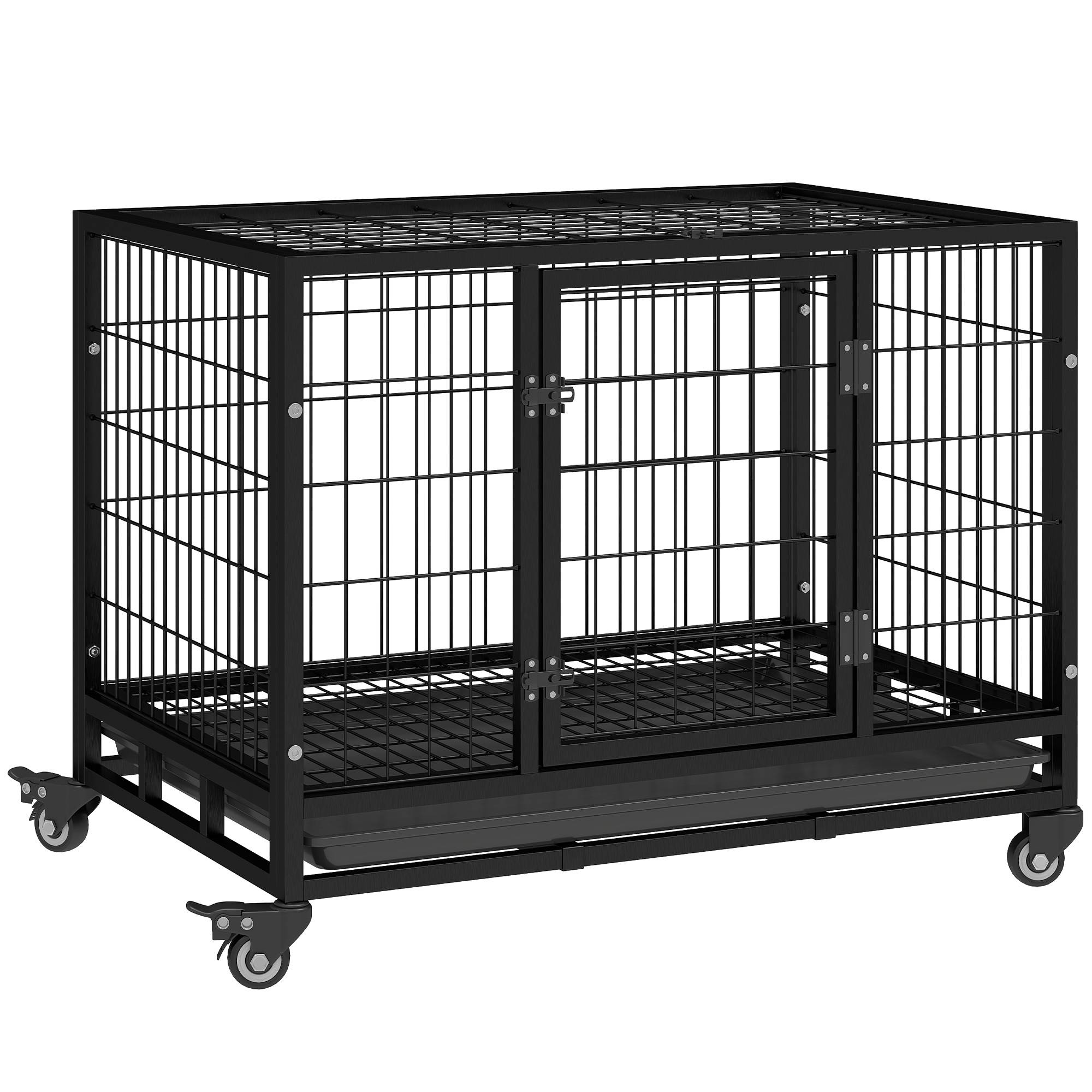Cage métallique pour chien avec roulettes et freins, plateau amovible et porte à loquet pour Golden Retriever et Labrador, 92 x 62 x 75 cm, noire - Image 1