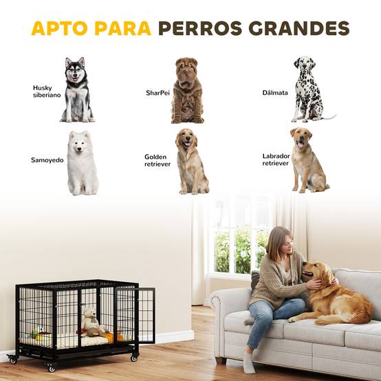 Cage métallique pour chien avec roulettes et freins, plateau amovible et porte à loquet pour Golden Retriever et Labrador, 92 x 62 x 75 cm, noire - Image 9