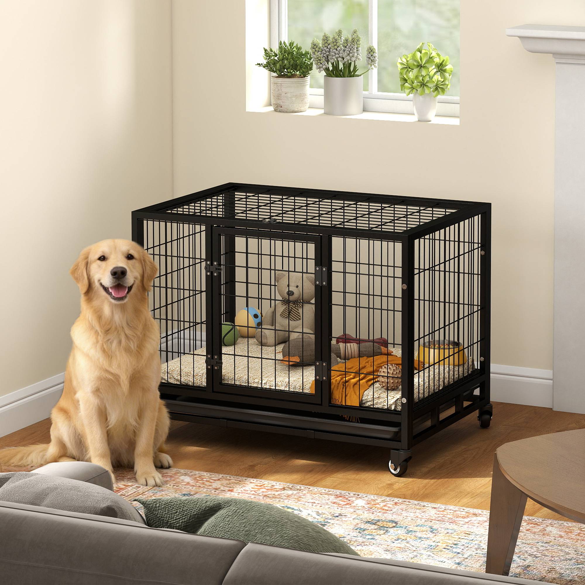 Cage métallique pour chien avec roulettes et freins, plateau amovible et porte à loquet pour Golden Retriever et Labrador, 92 x 62 x 75 cm, noire - Image 3