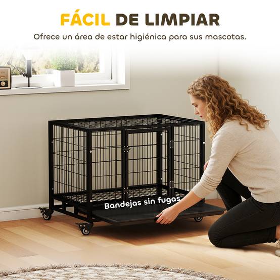 Cage métallique pour chien avec roulettes et freins, plateau amovible et porte à loquet pour Golden Retriever et Labrador, 92 x 62 x 75 cm, noire - Image 8
