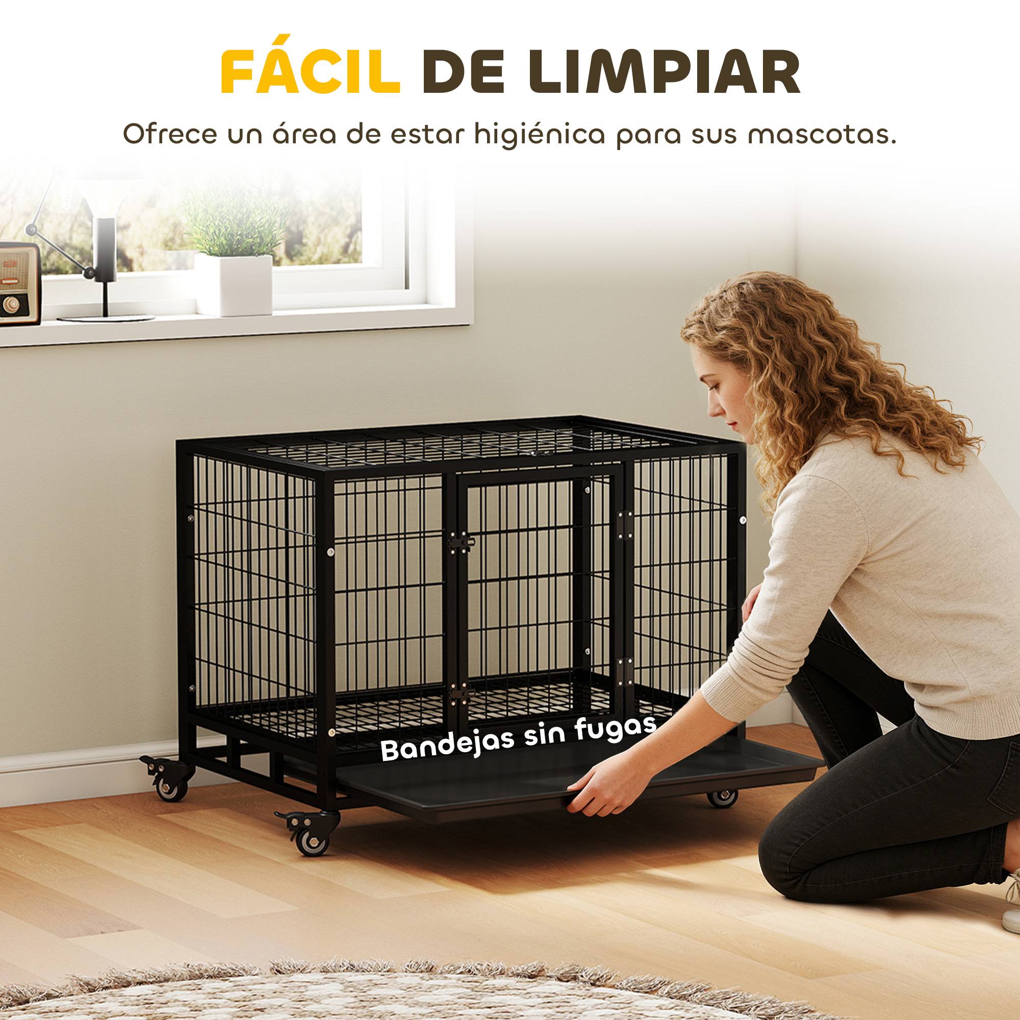 Cage métallique pour chien avec roulettes et freins, plateau amovible et porte à loquet pour Golden Retriever et Labrador, 92 x 62 x 75 cm, noire - Image 8