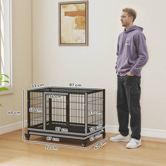 Cage métallique pour chien avec roulettes et freins, plateau amovible et porte à loquet pour Golden Retriever et Labrador, 92 x 62 x 75 cm, noire - Image 5