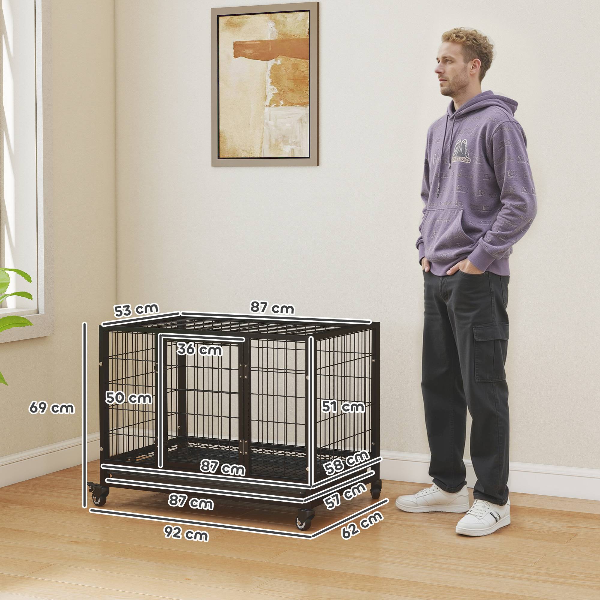 Cage métallique pour chien avec roulettes et freins, plateau amovible et porte à loquet pour Golden Retriever et Labrador, 92 x 62 x 75 cm, noire - Image 5