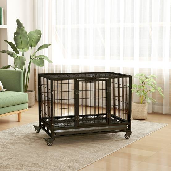 Cage métallique pour chien avec roulettes et freins, plateau amovible et porte à loquet pour Golden Retriever et Labrador, 92 x 62 x 75 cm, noire - Image 10