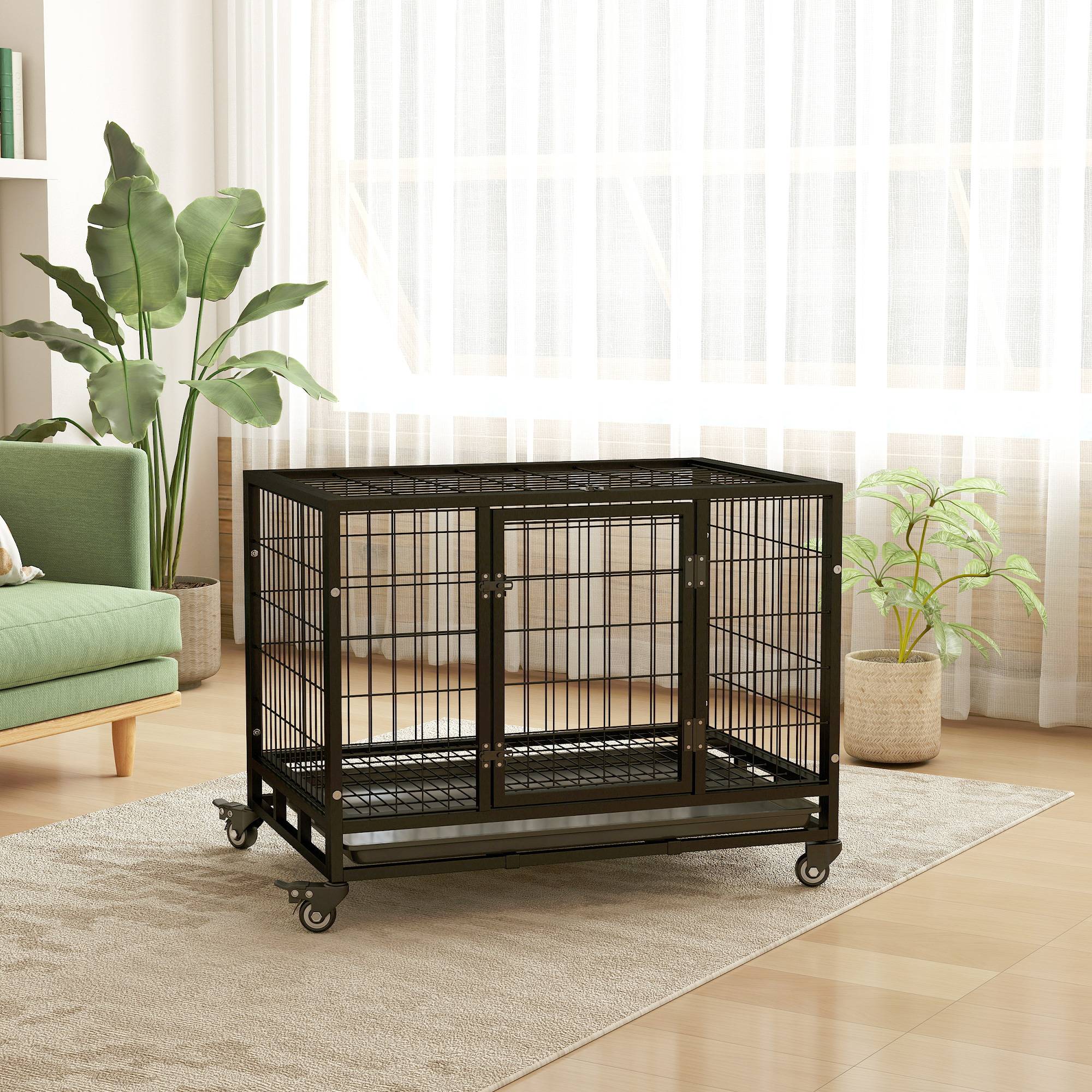 Cage métallique pour chien avec roulettes et freins, plateau amovible et porte à loquet pour Golden Retriever et Labrador, 92 x 62 x 75 cm, noire - Image 10