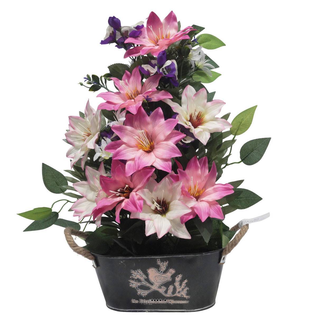 Artificielles - Jardinière Zinc dahlia, Rose, Mini fleurs, Pensée et Ficus Rose artificiels pour la Toussaint - couleur: Rose 715 - Imagen 1