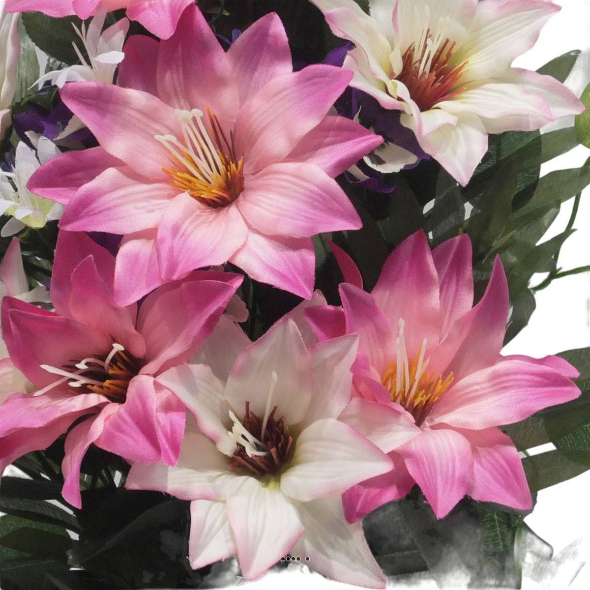 Artificielles - Jardinière Zinc dahlia, Rose, Mini fleurs, Pensée et Ficus Rose artificiels pour la Toussaint - couleur: Rose 715 - Imagen 3