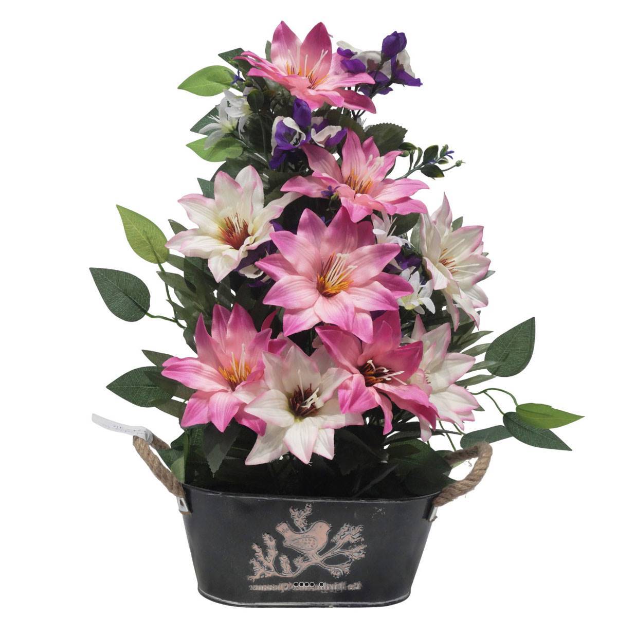 Artificielles - Jardinière Zinc dahlia, Rose, Mini fleurs, Pensée et Ficus Rose artificiels pour la Toussaint - couleur: Rose 715 - Imagen 2