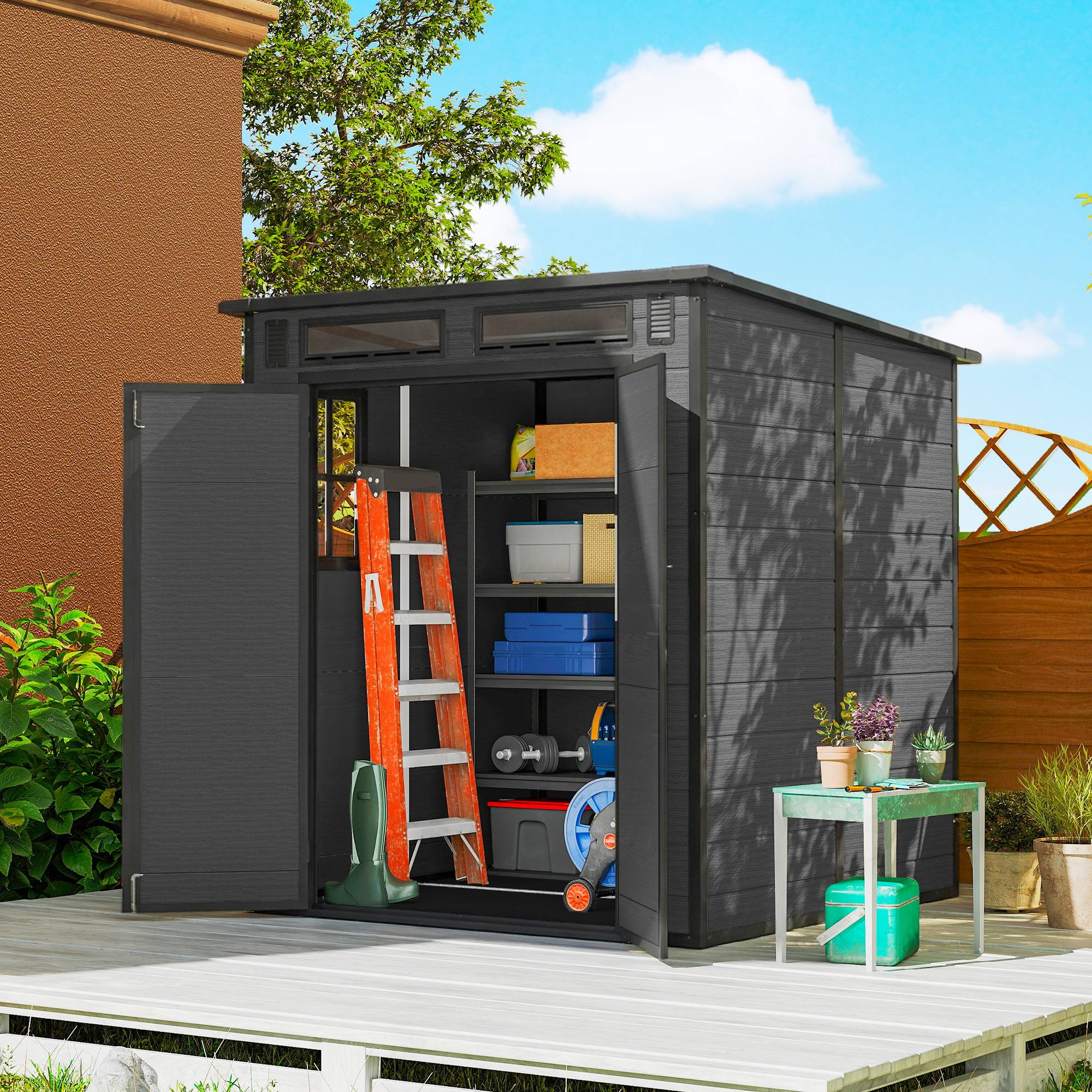 Cabane de jardin résine polypropylène double porte fenêtres 182x182 cm gris - ComfortXL Outdoor Living - Image 4