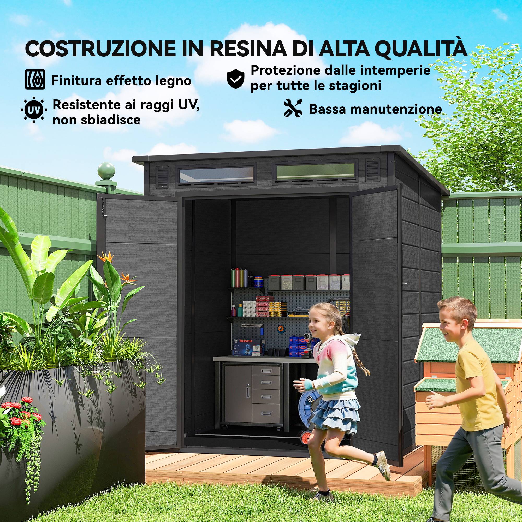 Cabane de jardin résine polypropylène double porte fenêtres 182x182 cm gris - ComfortXL Outdoor Living - Image 10