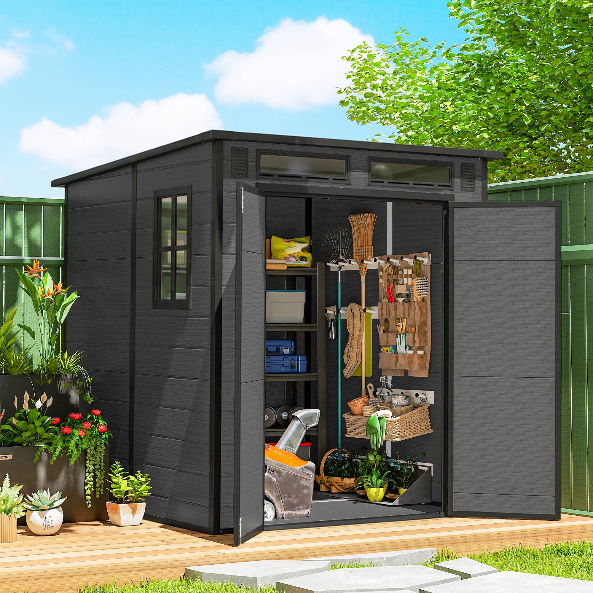 Cabane de jardin résine polypropylène double porte fenêtres 182x182 cm gris - ComfortXL Outdoor Living - Image 3