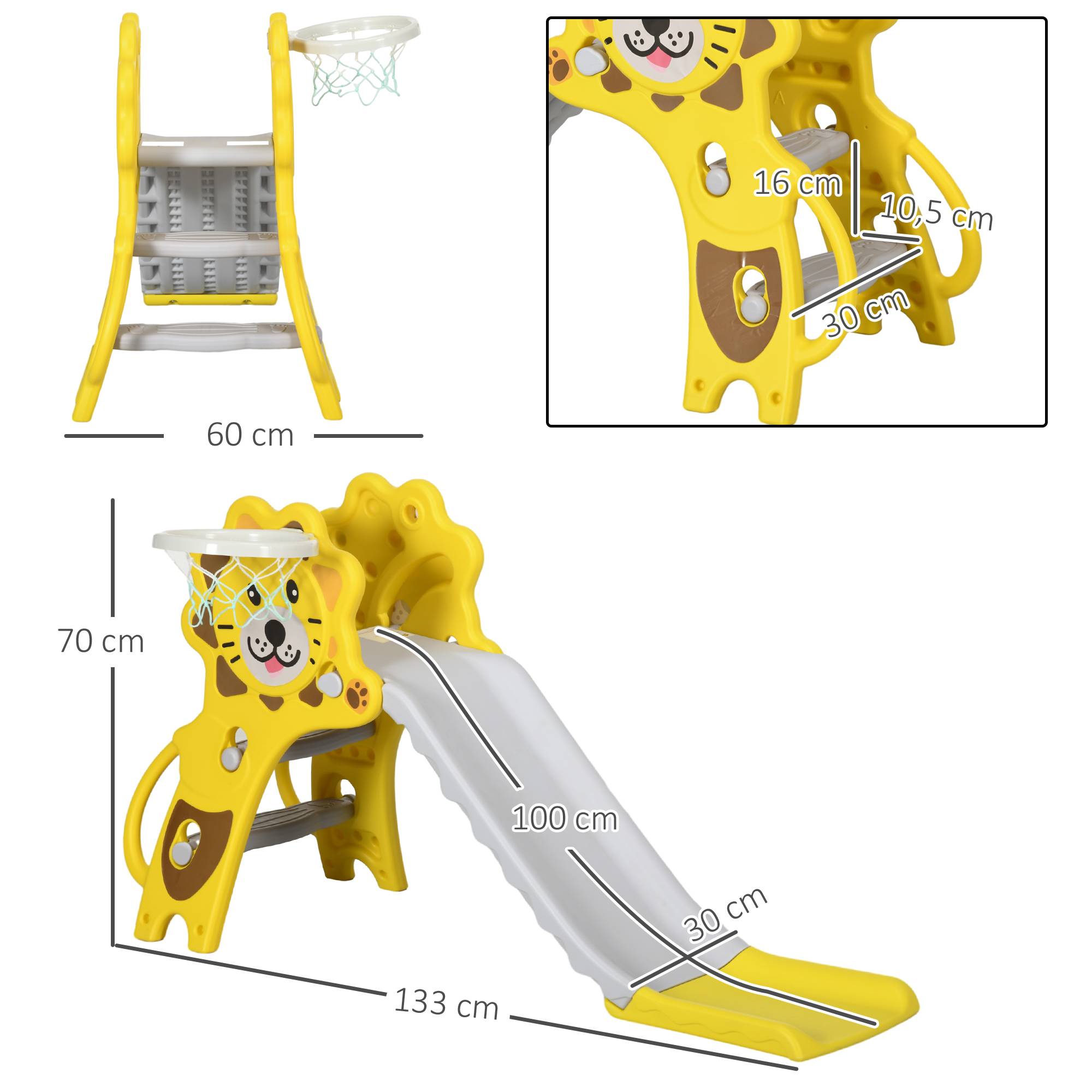 Toboggan pour enfants intérieur extérieur avec panier de basket pour les enfants de 18 à 36 mois, jaune, gris - Image 5