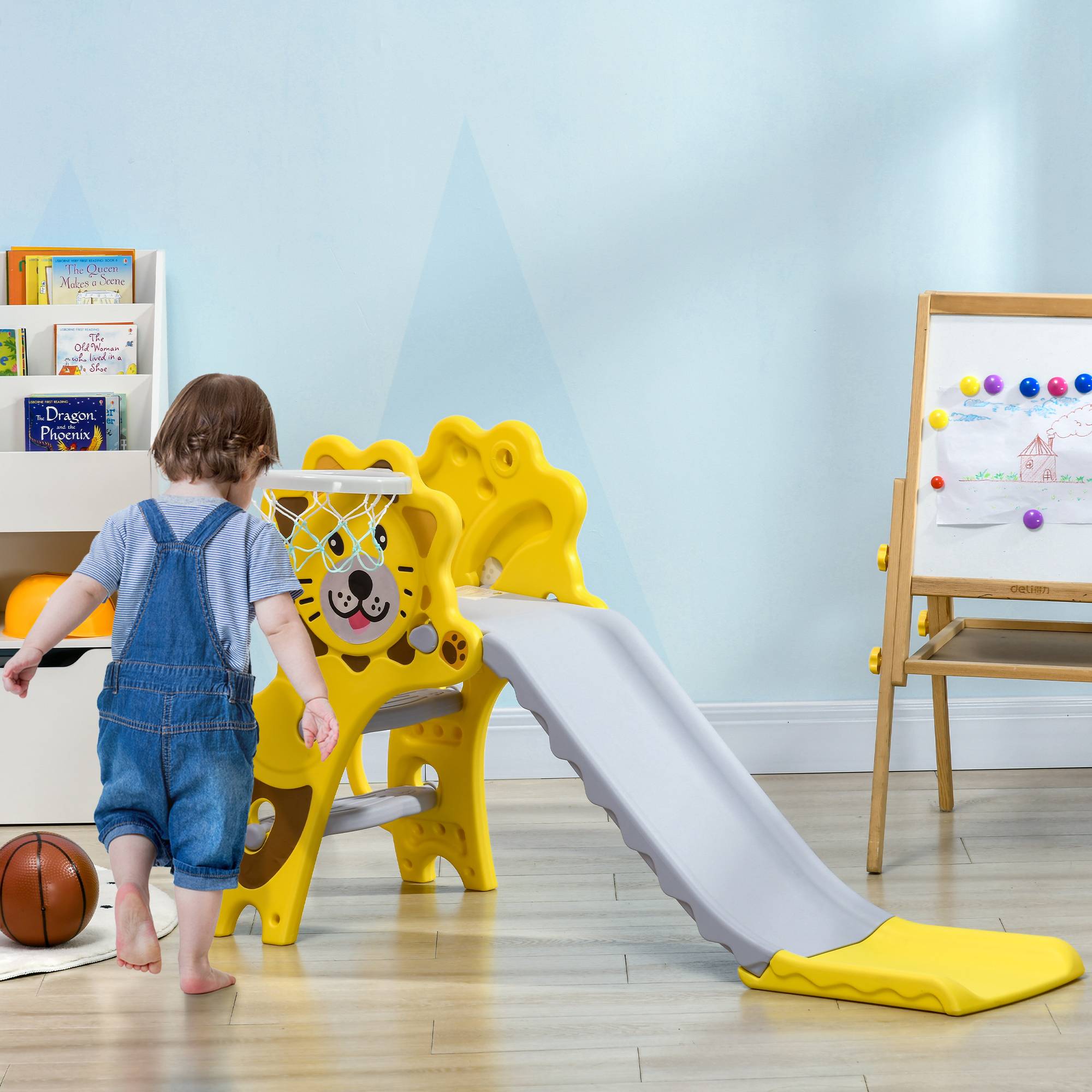Toboggan pour enfants intérieur extérieur avec panier de basket pour les enfants de 18 à 36 mois, jaune, gris - Image 4