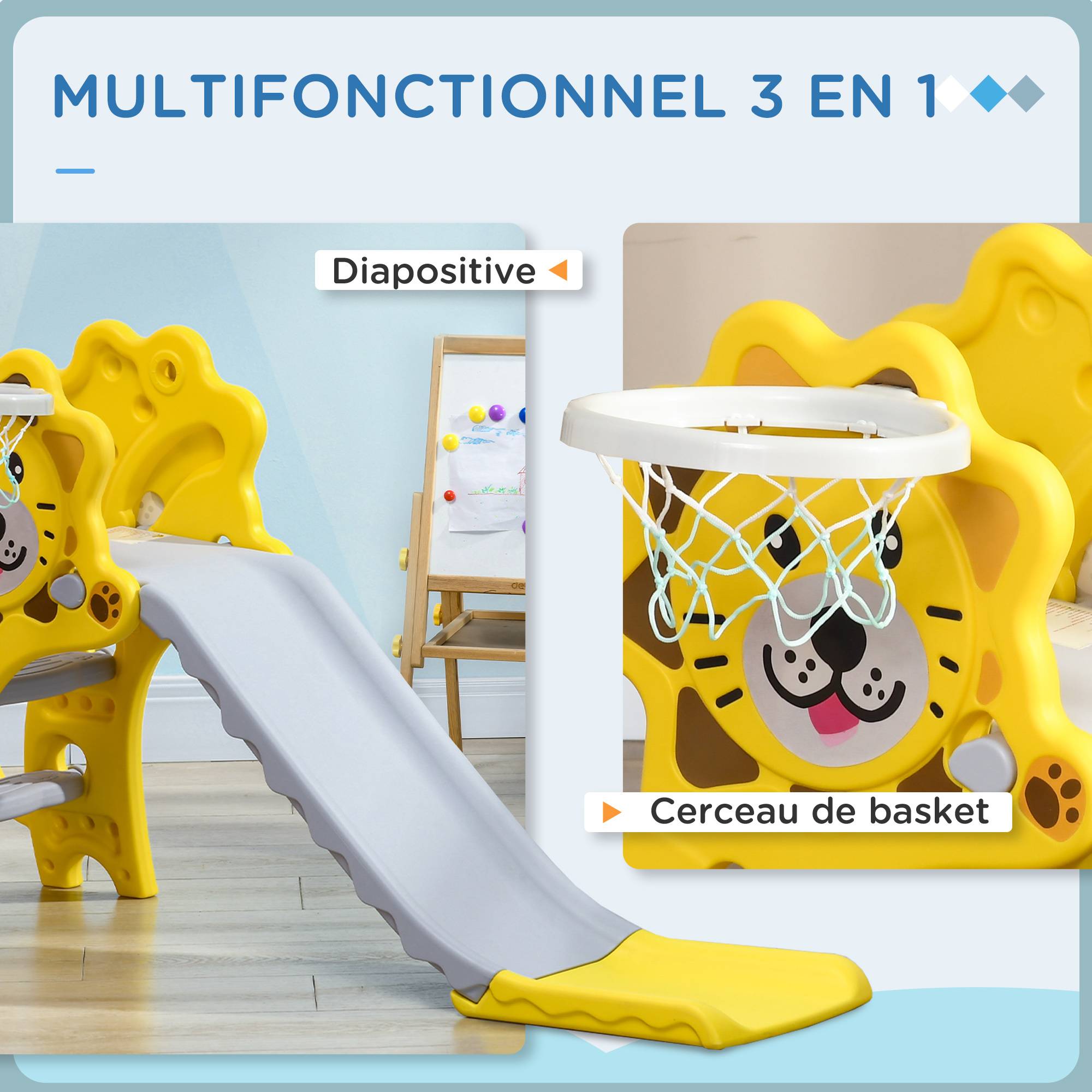 Toboggan pour enfants intérieur extérieur avec panier de basket pour les enfants de 18 à 36 mois, jaune, gris - Image 6