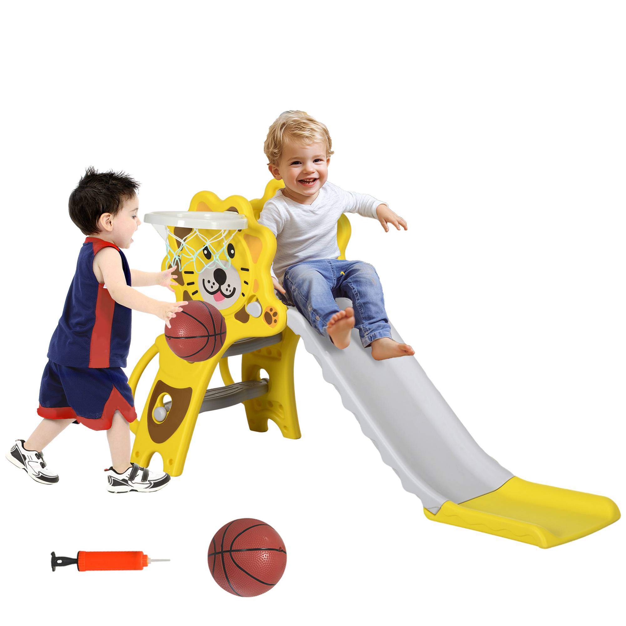 Toboggan pour enfants intérieur extérieur avec panier de basket pour les enfants de 18 à 36 mois, jaune, gris - Image 1