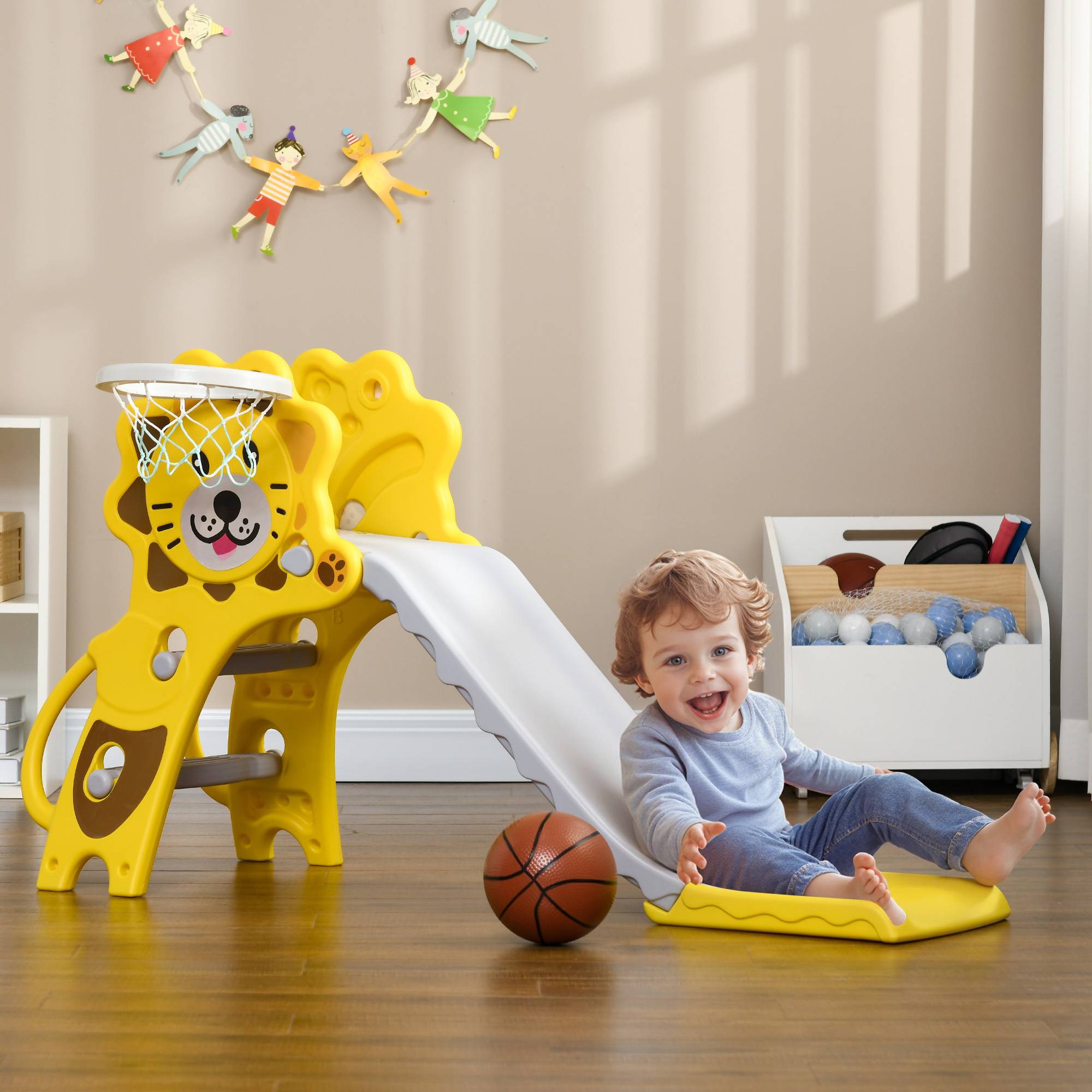 Toboggan pour enfants intérieur extérieur avec panier de basket pour les enfants de 18 à 36 mois, jaune, gris - Image 3