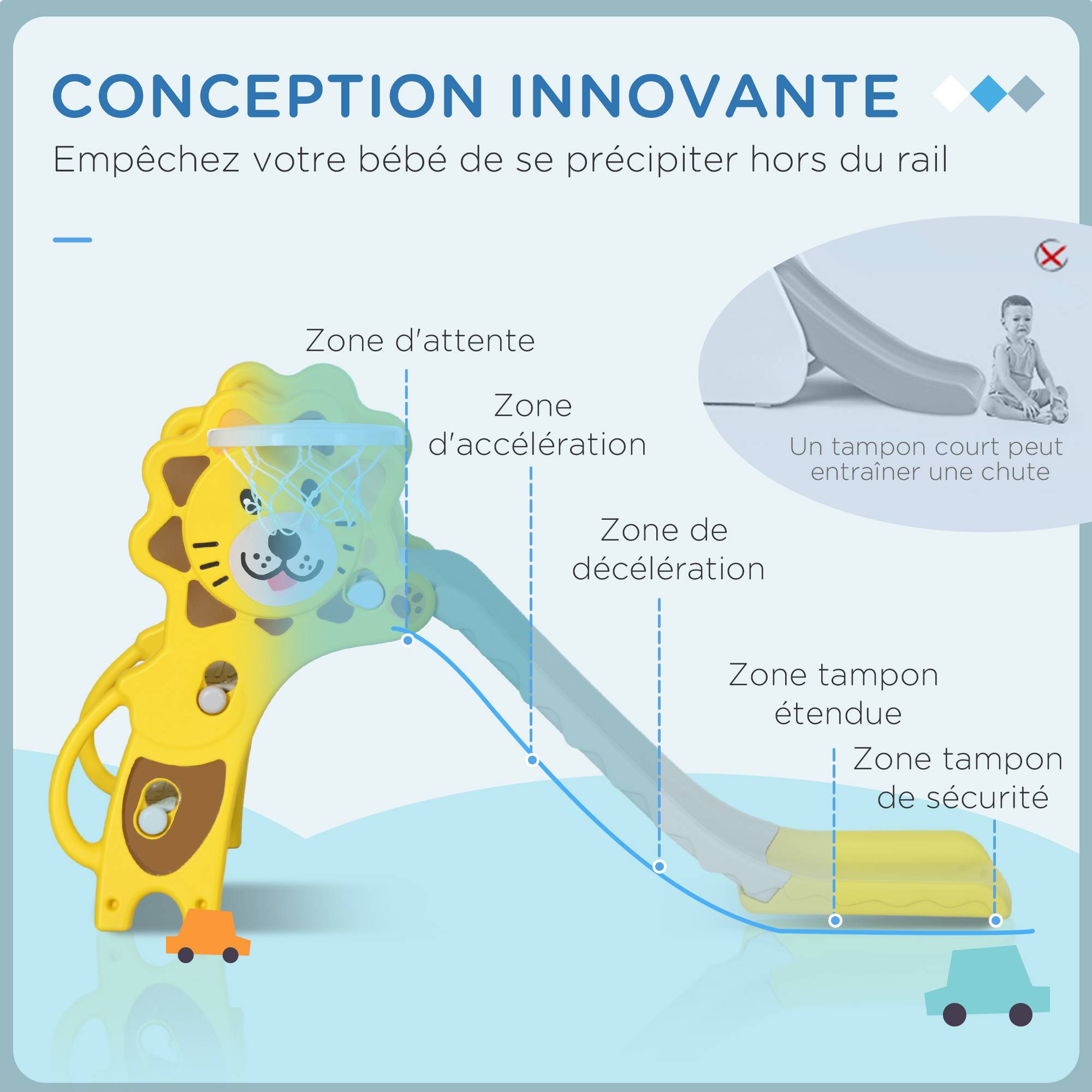 Toboggan pour enfants intérieur extérieur avec panier de basket pour les enfants de 18 à 36 mois, jaune, gris - Image 8