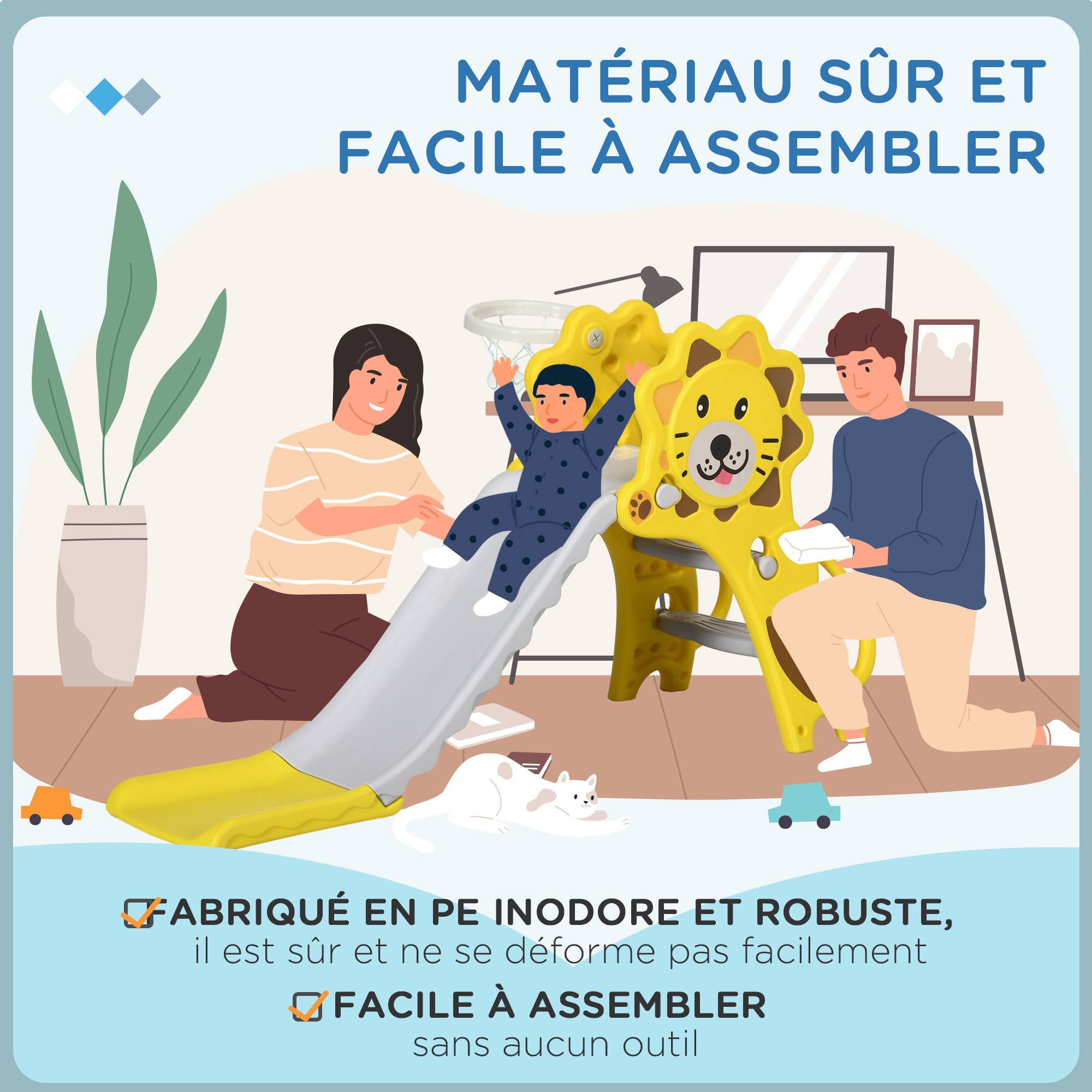 Toboggan pour enfants intérieur extérieur avec panier de basket pour les enfants de 18 à 36 mois, jaune, gris - Image 9
