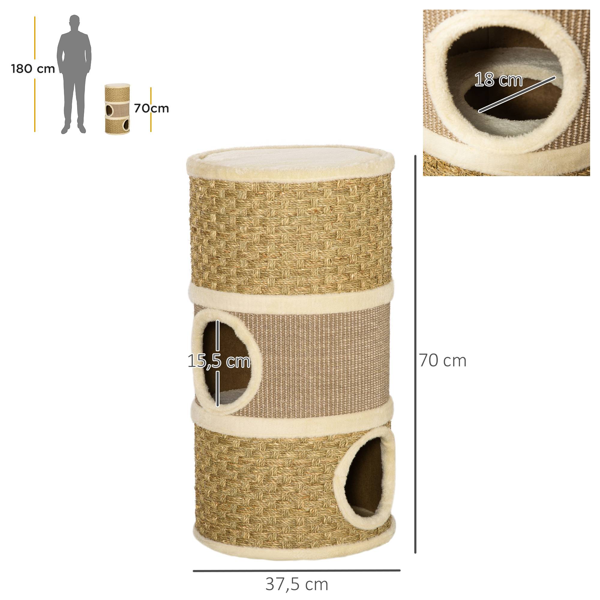 Pawhut - Arbre à chat cylindrique - tour à griffer pour chat - arbre à chat tour - Tonneau griffoir - 3 niches + plateforme - sisal corde d'algues beige - Imagen 3