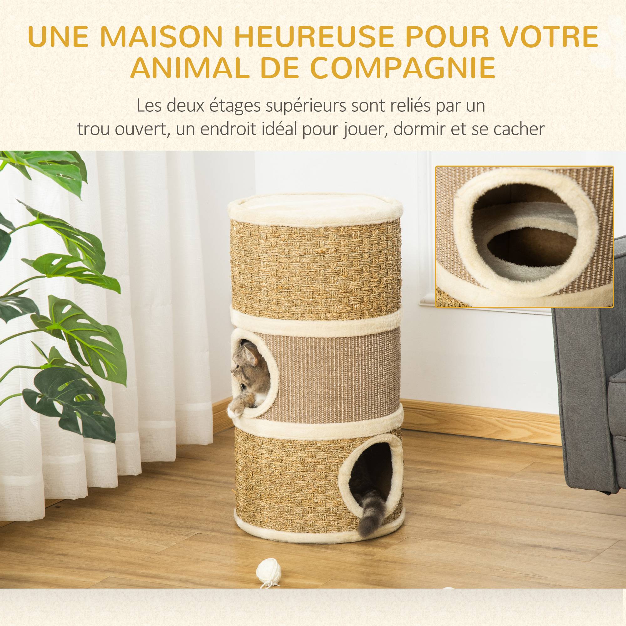 Pawhut - Arbre à chat cylindrique - tour à griffer pour chat - arbre à chat tour - Tonneau griffoir - 3 niches + plateforme - sisal corde d'algues beige - Imagen 4