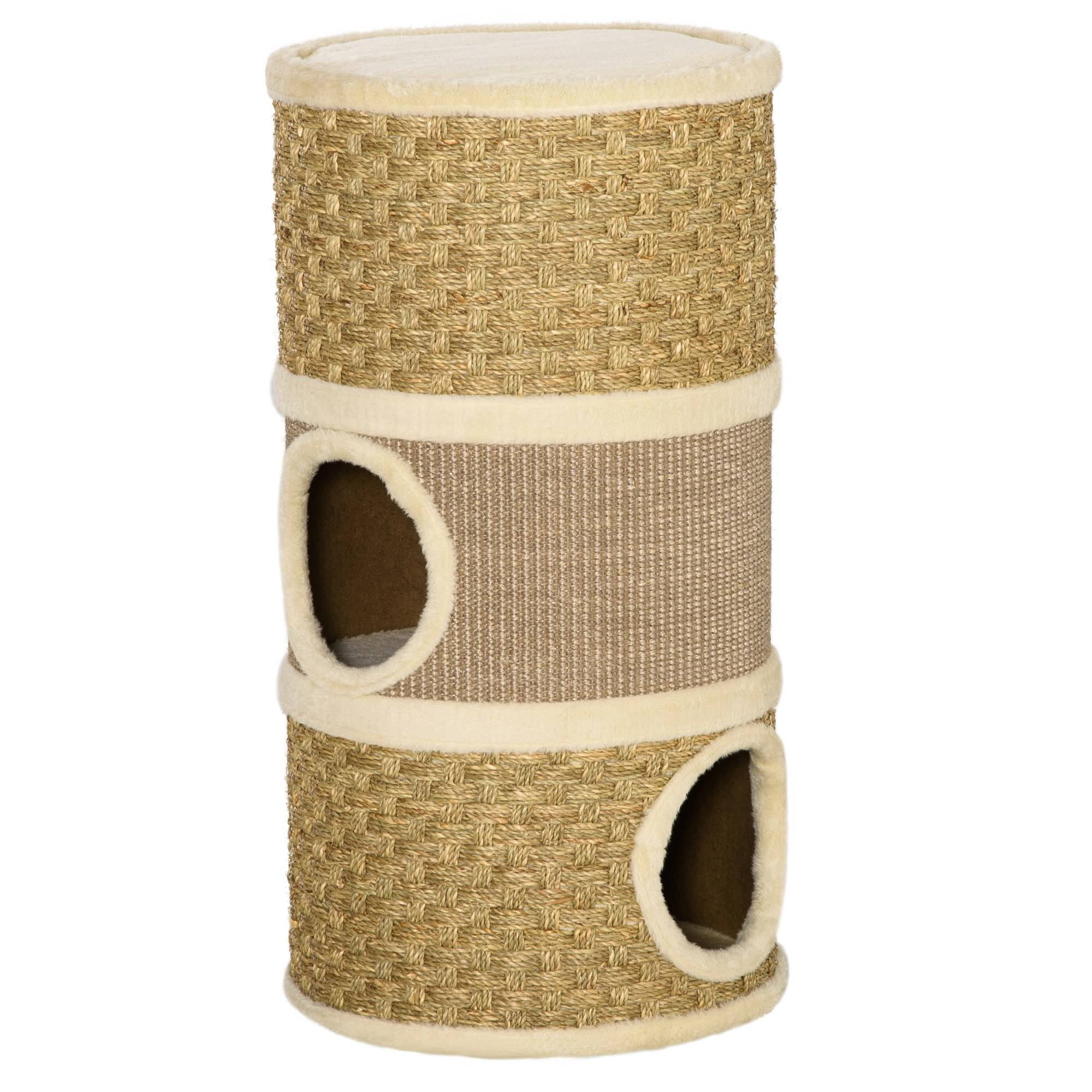 Pawhut - Arbre à chat cylindrique - tour à griffer pour chat - arbre à chat tour - Tonneau griffoir - 3 niches + plateforme - sisal corde d'algues beige - Imagen 1