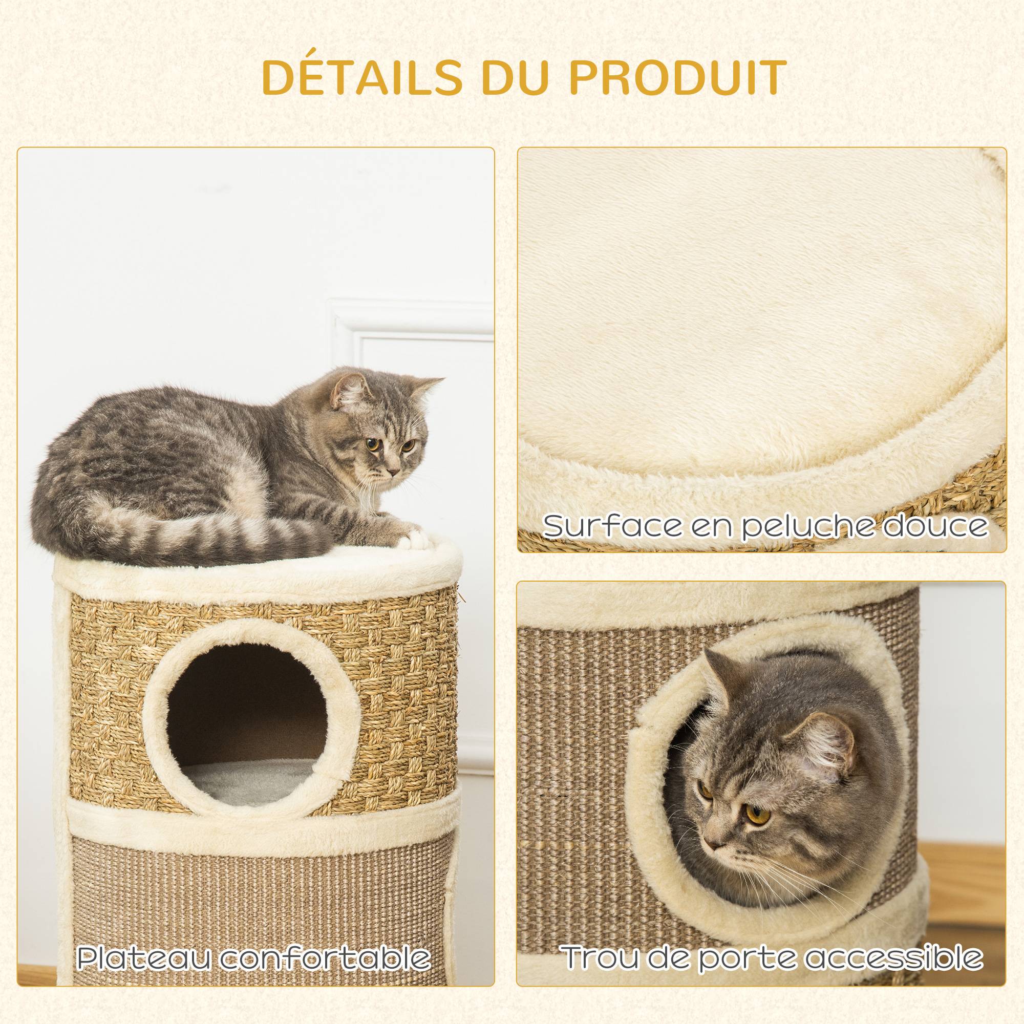 Pawhut - Arbre à chat cylindrique - tour à griffer pour chat - arbre à chat tour - Tonneau griffoir - 3 niches + plateforme - sisal corde d'algues beige - Imagen 5