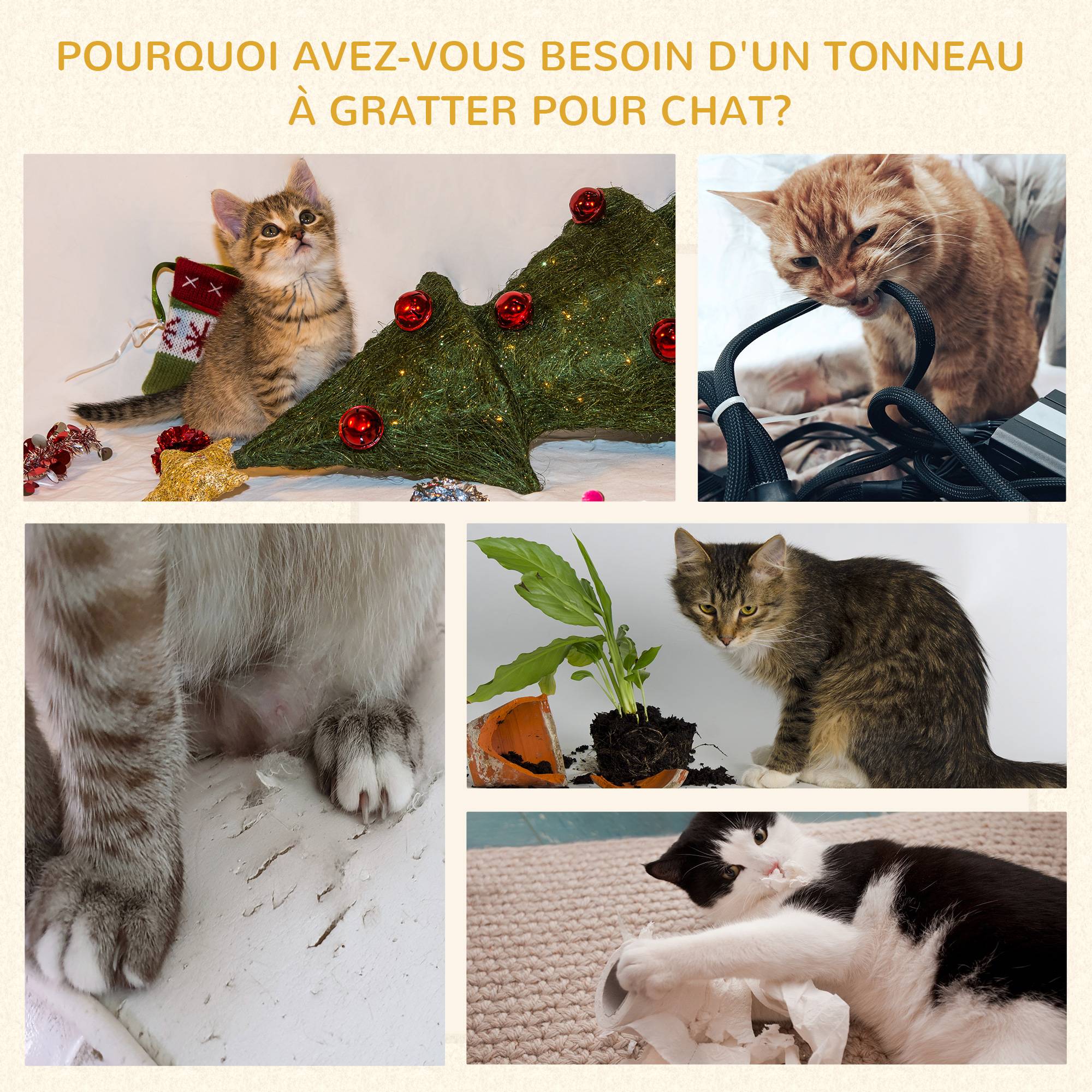 Pawhut - Arbre à chat cylindrique - tour à griffer pour chat - arbre à chat tour - Tonneau griffoir - 3 niches + plateforme - sisal corde d'algues beige - Imagen 7